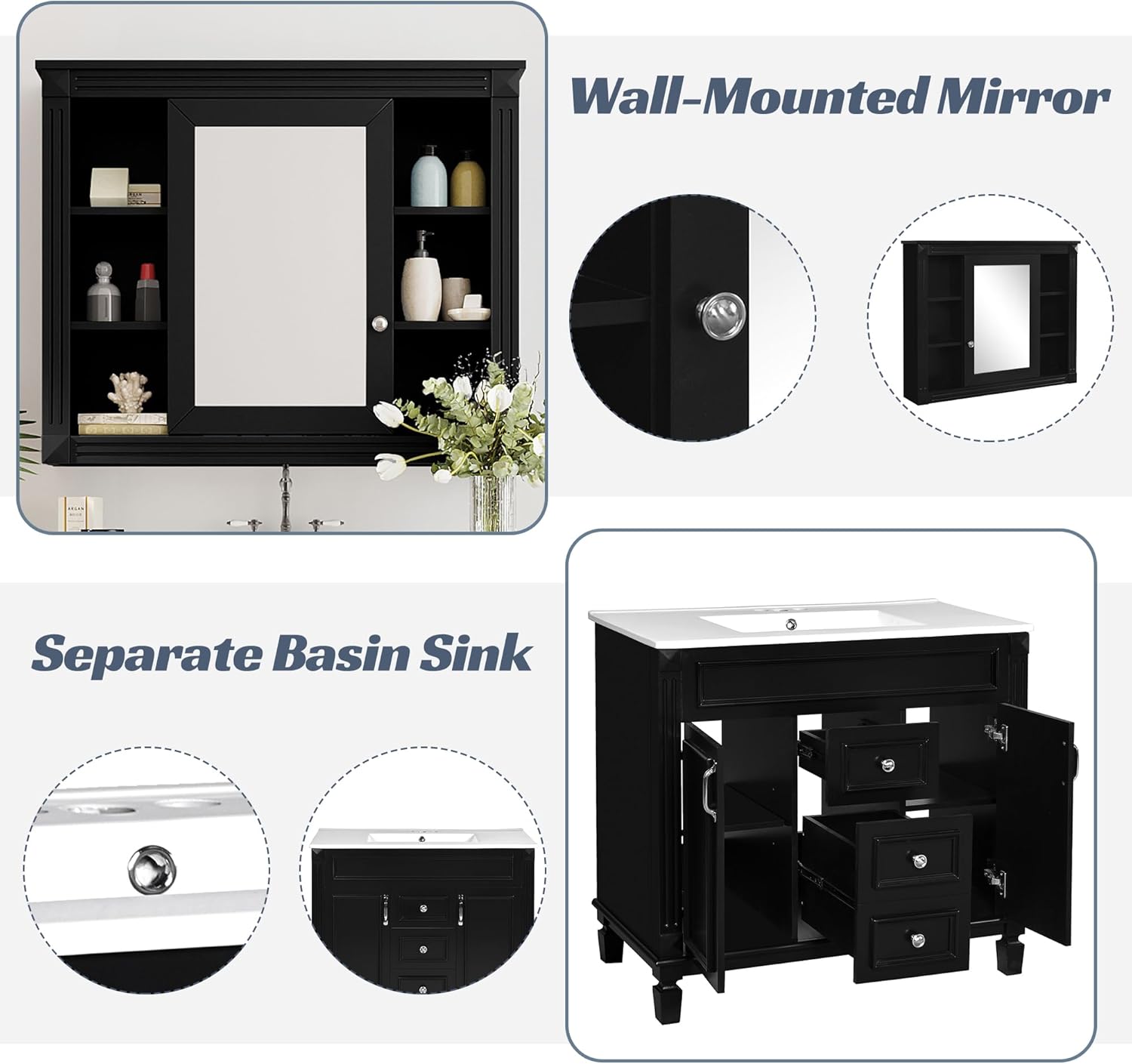 Marzzi 36" Bathroom Vanity with Sink & Matching Medicine Cabinet, 36 inch Bathroom Vanity Storage Cabinet with Sink Top, 2 Drawers, and Mirror Cabinet