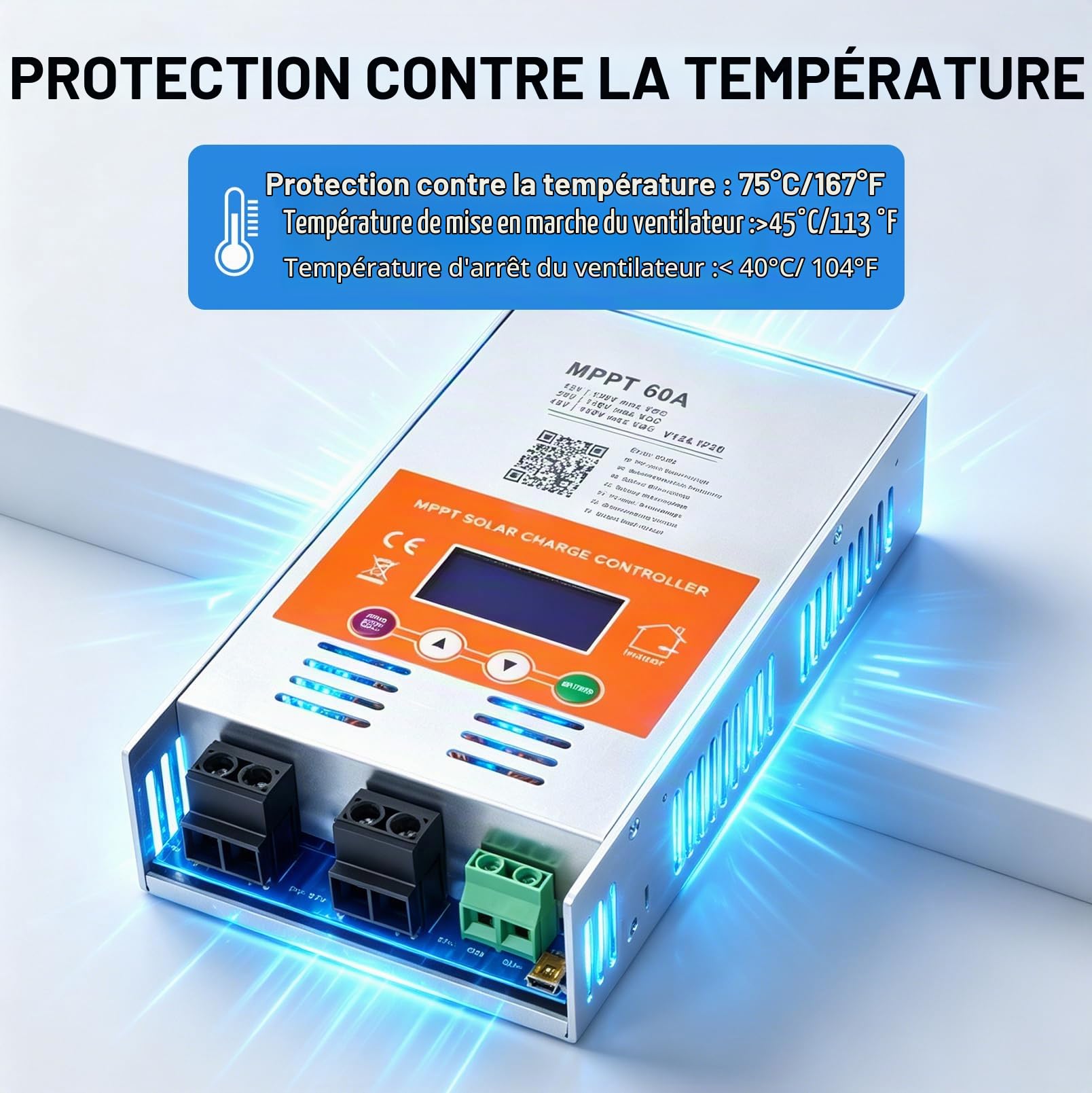 MPPT Régulateur de charge solaire 60 A 12 V/24 V/48 V avec écran LCD