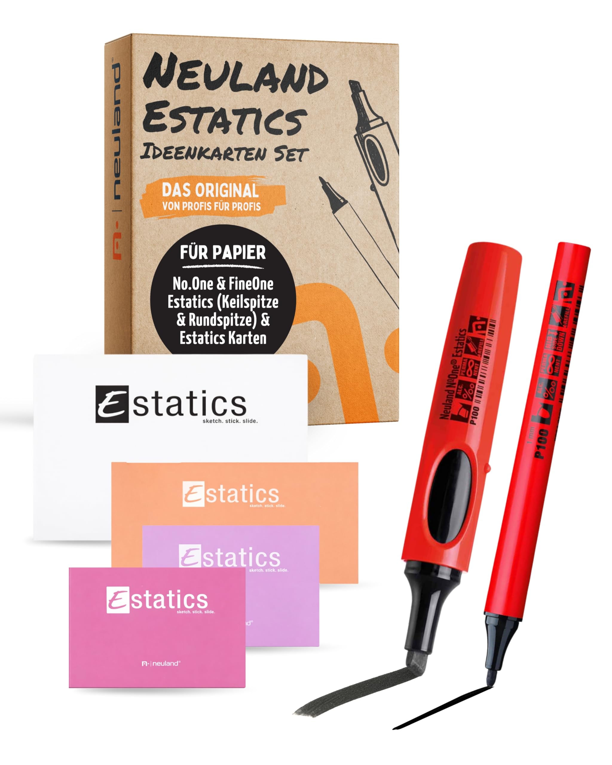 Neuland Estatics Ideenkarten-Set I Schwarze Permanentmarker No.One Estatics Keilspitze & FineOne Estatic Rundspitze I Inkl. Moderationskarten je 100 Blätter Large & Medium & 50 Blatt Estatics-Pad