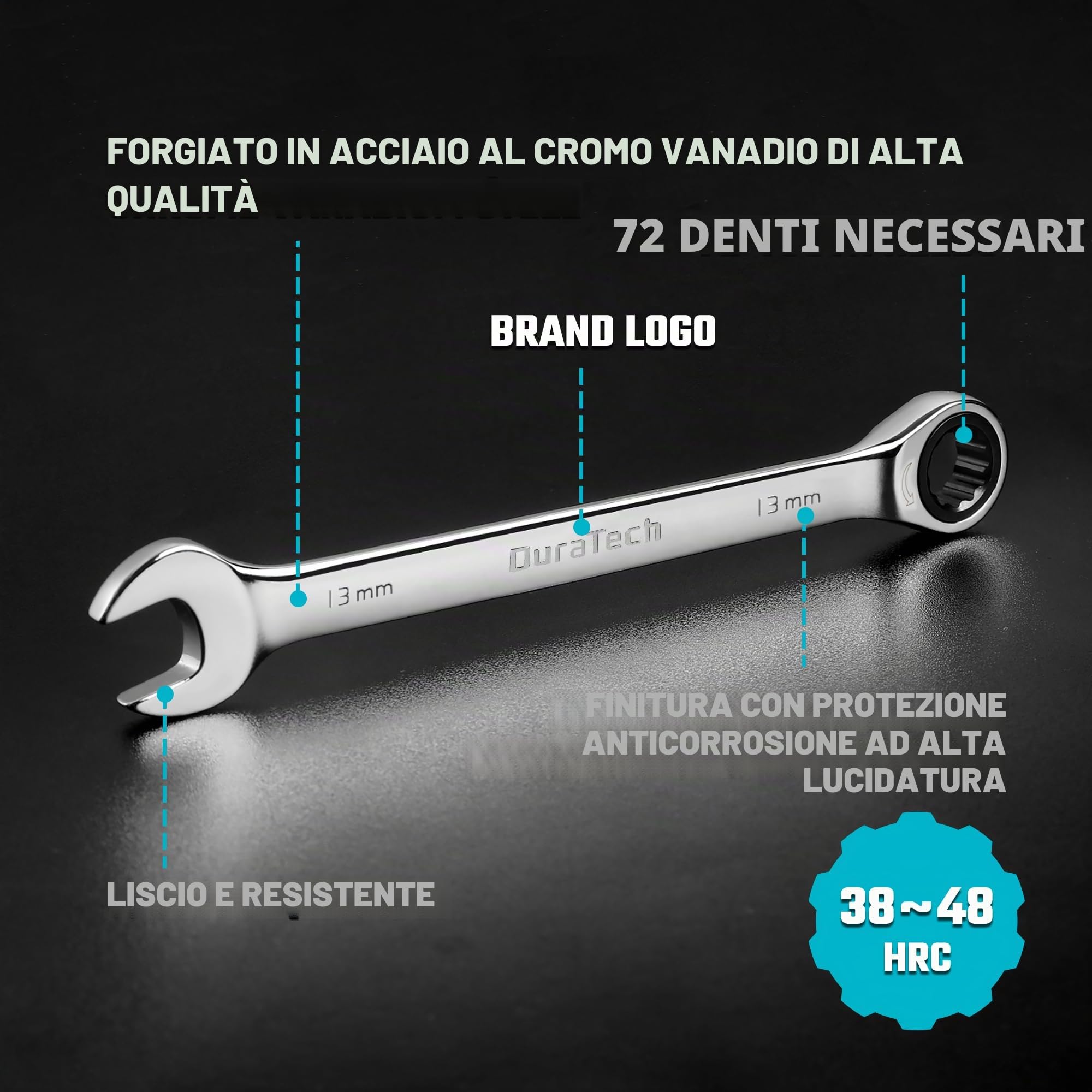 DURATECH Set di Chiavi a Cricchetto, Set di Chiavi Combinate a Testa Fissa, Metrica, 10 Pezzi, 8-19mm, in Acciaio Cr-V, Organizzato in Valigetta Per il Trasporto