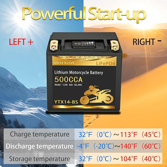 YTX14-BS Lithium battery,Polarity[left+,right-]12V 8AH 500CCA LiFePO4 Powersport Start Motorcycle Battery,longevity,lightweight,High cranking,Intelligent BMS,Digital Readout