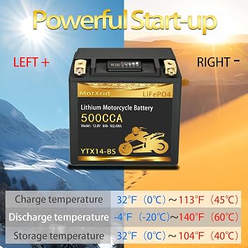 YTX14-BS Lithium battery,Polarity[left+,right-]12V 8AH 500CCA LiFePO4 Powersport Start Motorcycle Battery,longevity,lightweight,High cranking,Intelligent BMS,Digital Readout