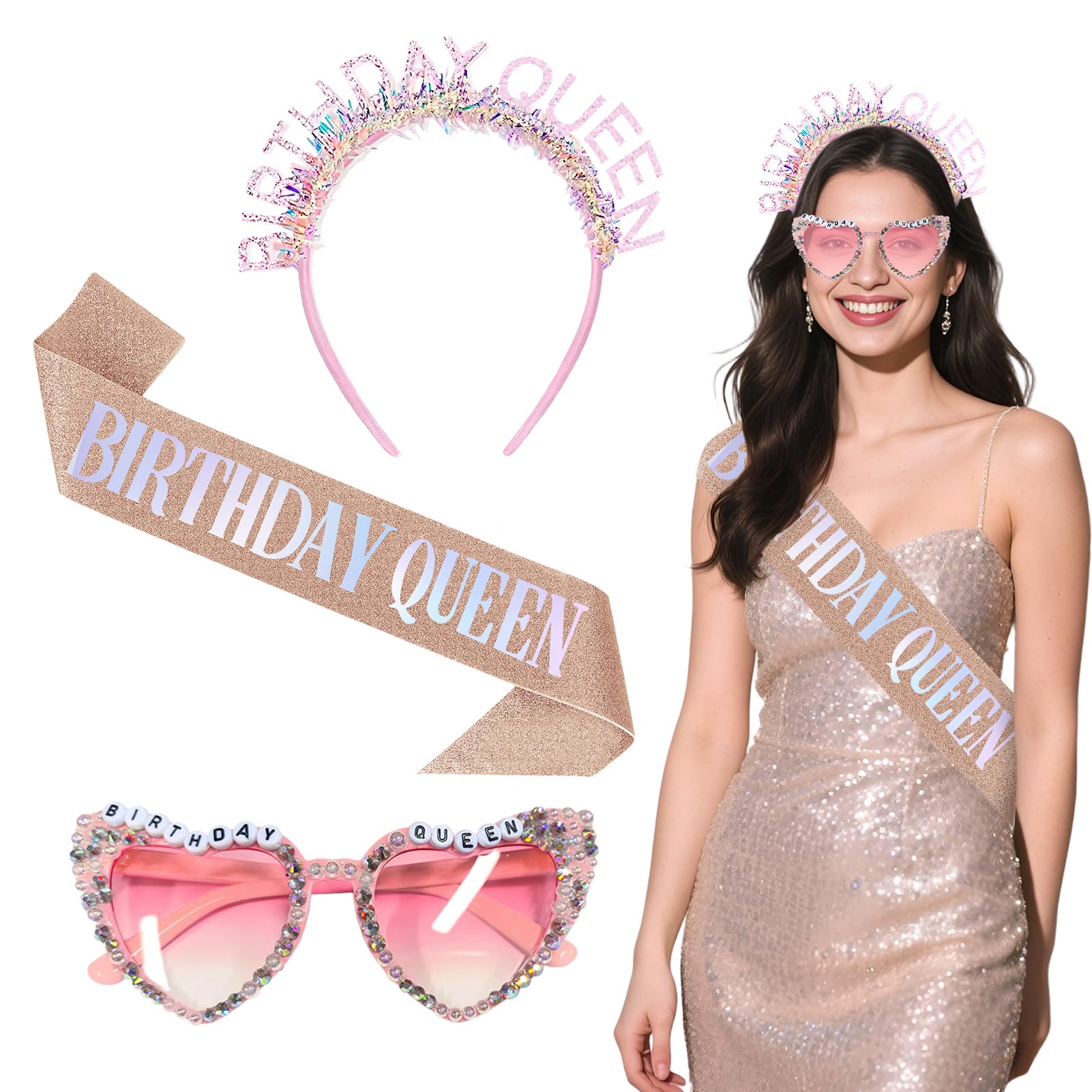 Moerstar Birthday Girl Sash and Tiara Glasses Set, 3Pcs Rose Gold Glitter Sash Pink Birthday Girl Headband and Glasses for Party Decorations Accessories Gifts (Birthday Queen)