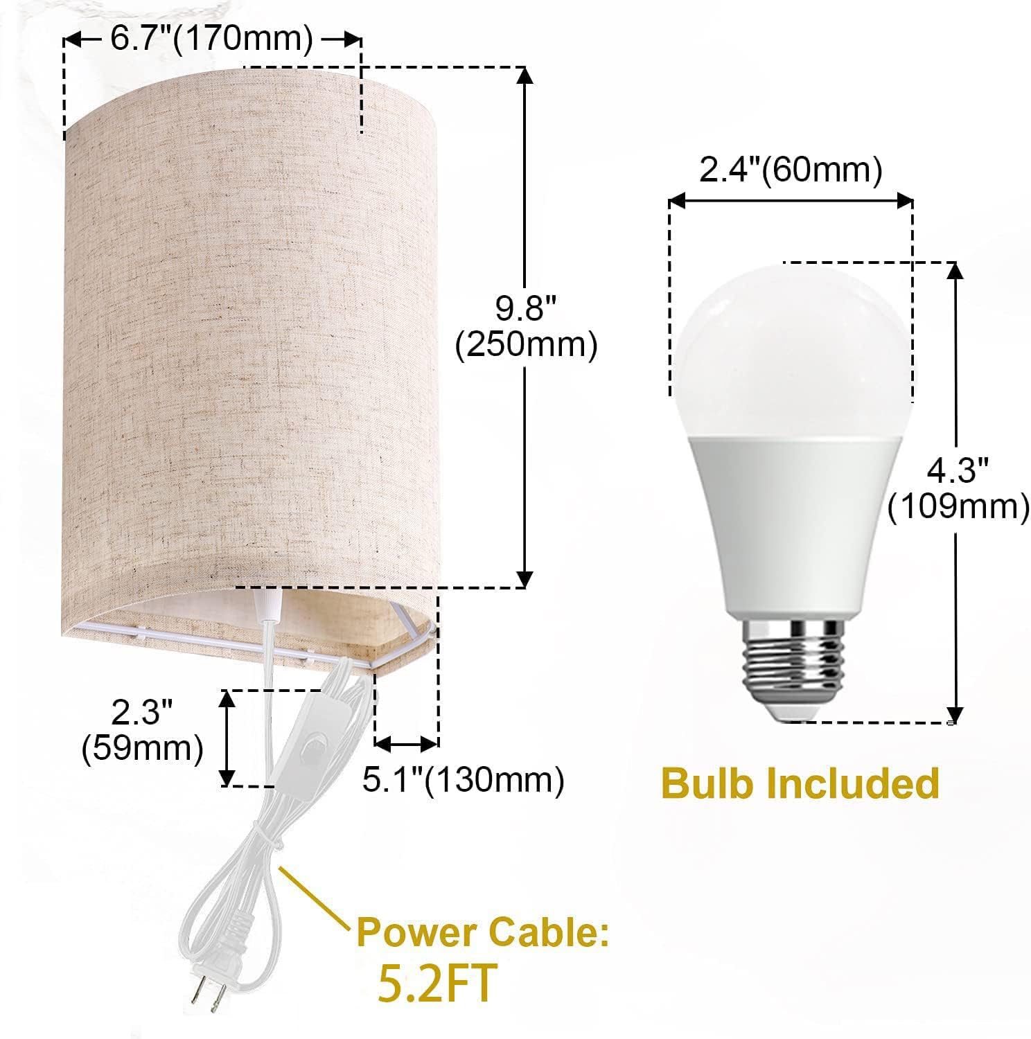 EaEa Stoff Wandlampe mit Stecker und Schalter, Innen Vintage Wandleuchte mit Kabel, Leinen Lampenschirm, UP&Down Lichteffekt, E27 Nachttischlampe Wand Retro Lampe für Wohnzimmer Schlafzimmer,2pack