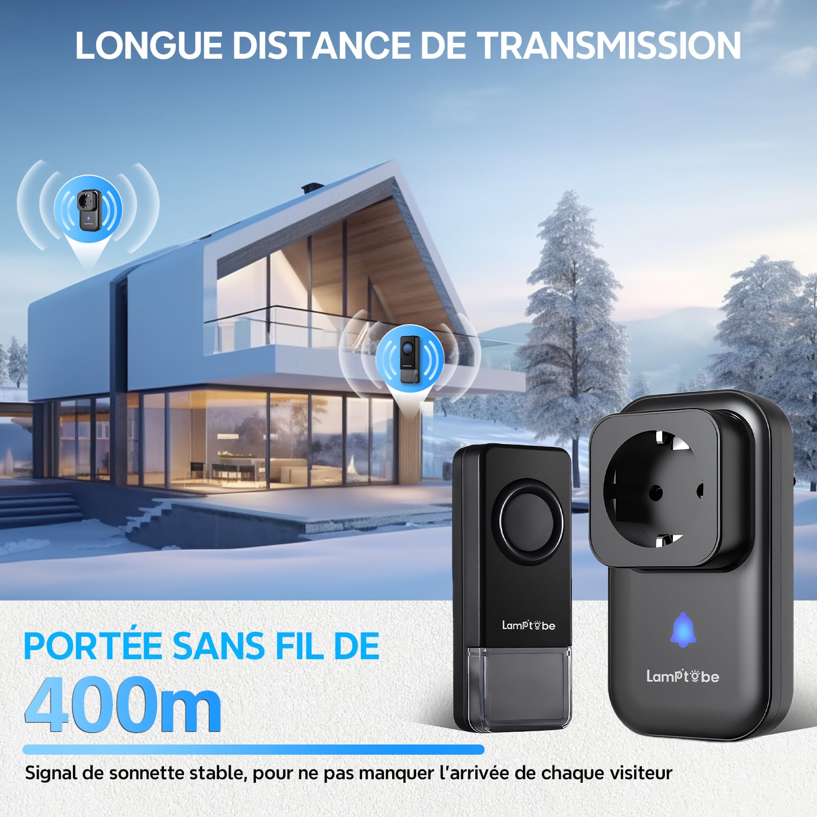 Sonnette Sans Fil Prise Secteur 400 Mètres, Sonnette de Porte Sans Fil Exterieur Etanche IP55, 58 Mélodies 5 Niveaux Volumes, Sonnette pour Maison, Bureau, Hôtel, Noir (1-set)