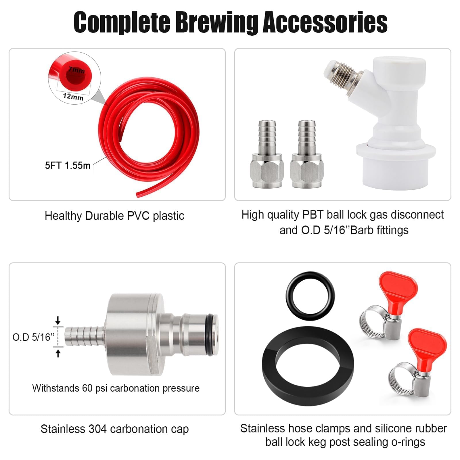 MRbrew Kit de tapa de carbonatación de bloqueo de bola de gas de 5 pies, bloqueo de bola de desconexión con acero inoxidable de 5/16 pulgadas de barril de cerveza Kegerator, tubo de PVC, manguera de