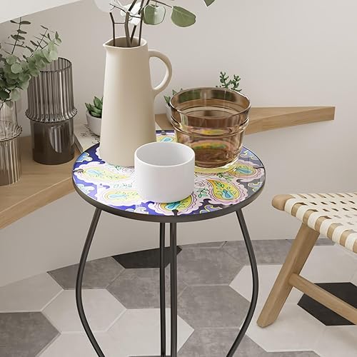 Miniatura 2 de Paytonture Mesa auxiliar de patio, mesa de mosaico al aire libre, mesa auxiliar de plantas, porche pequeño, mesa azul y blanca para interiores,