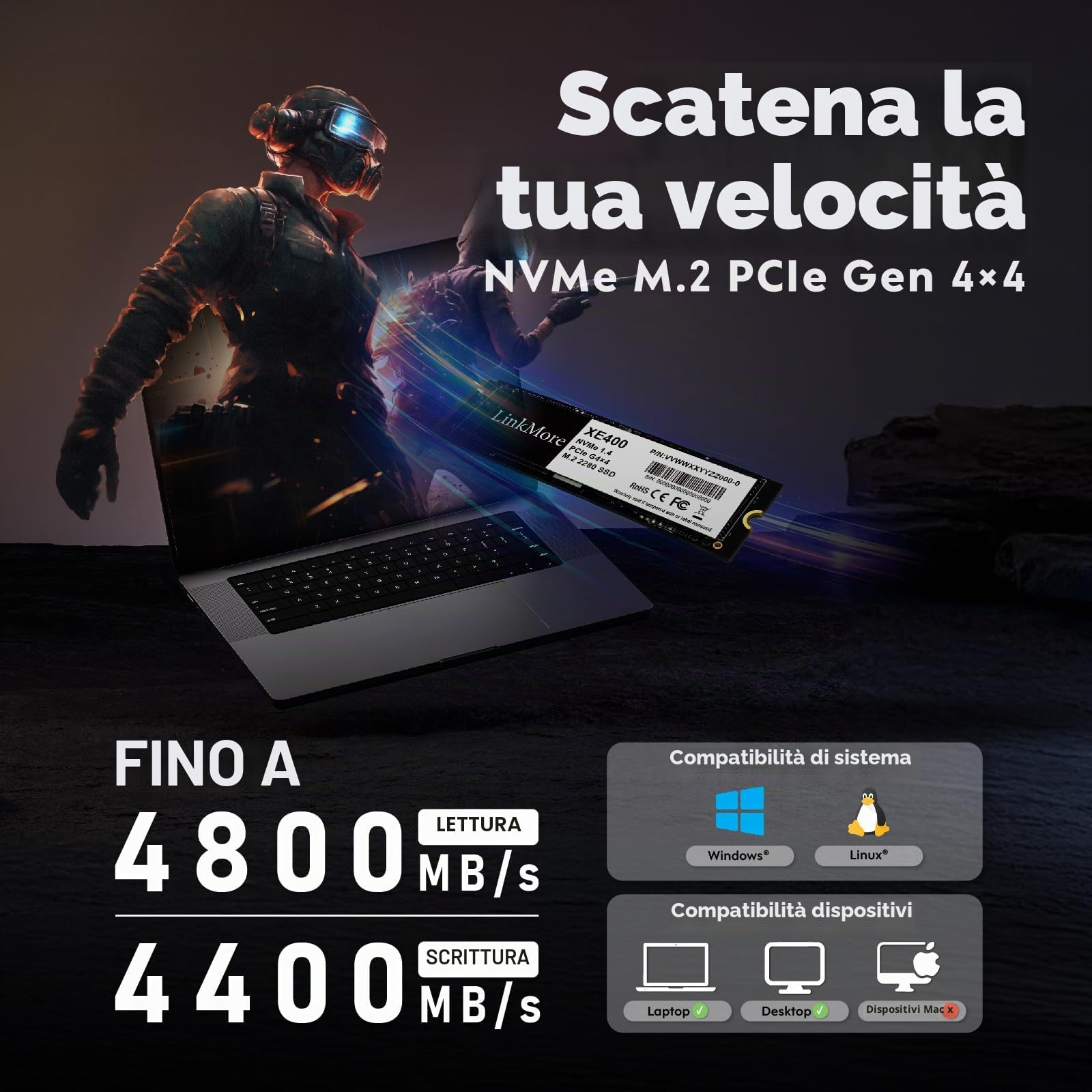 LinkMore XE400 2TB M.2 2280 PCIe Gen 4X4 NVMe 1.4 SSD interno