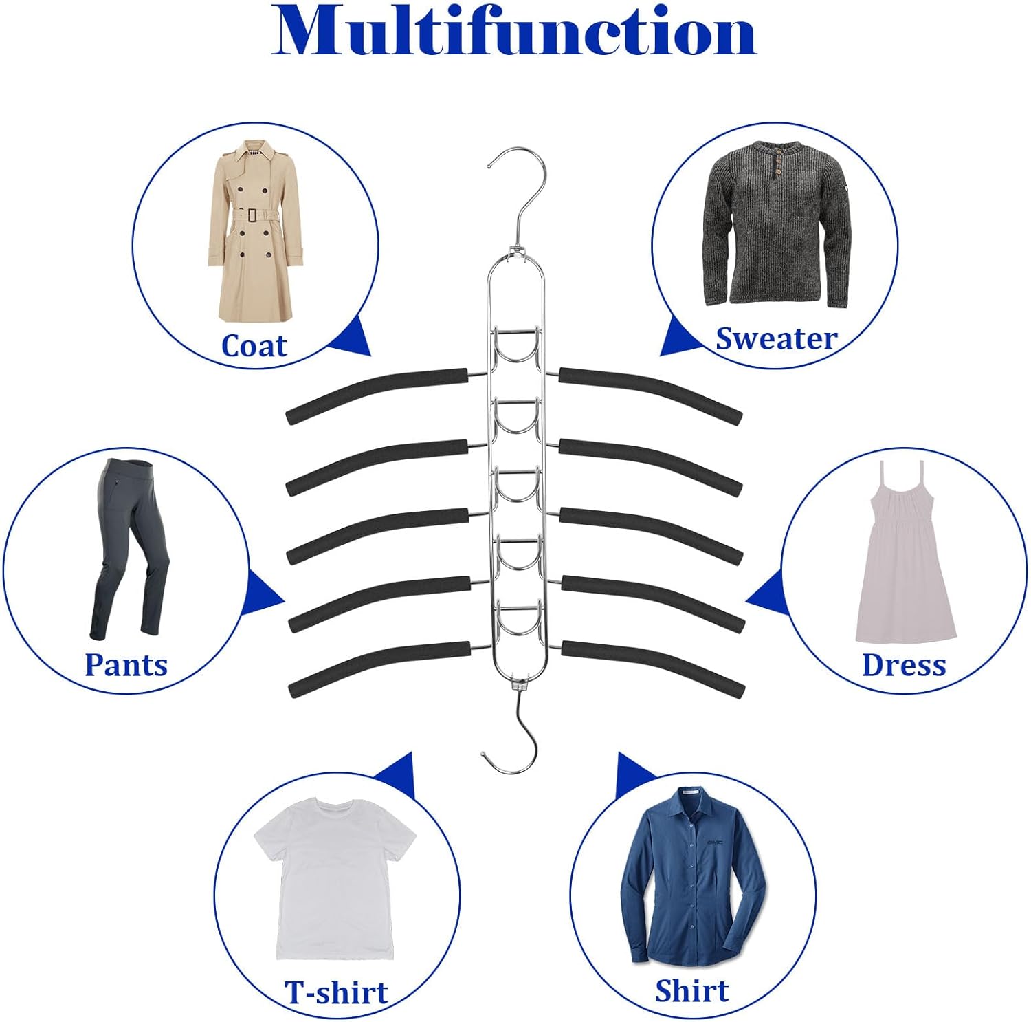 4 Pack 5-in-1 Anti Slip Stainless Metal Clothes Hange,Space Saving Thin Shirt Hangers,Multi Layers Magic Sweater Hanger,Used for Wardrobe Organizer or Vacation and Business Trips