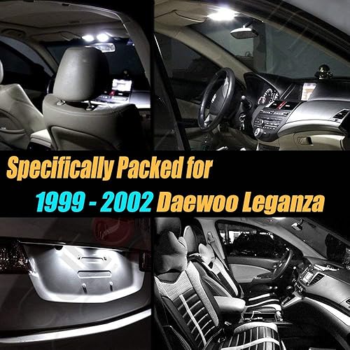 Miniatura 2 de Paquete de 12 bombillas LED de 6000 K para interior de automóvil, color blanco superblanco, compatible con Daewoo Leganza 1999-2002