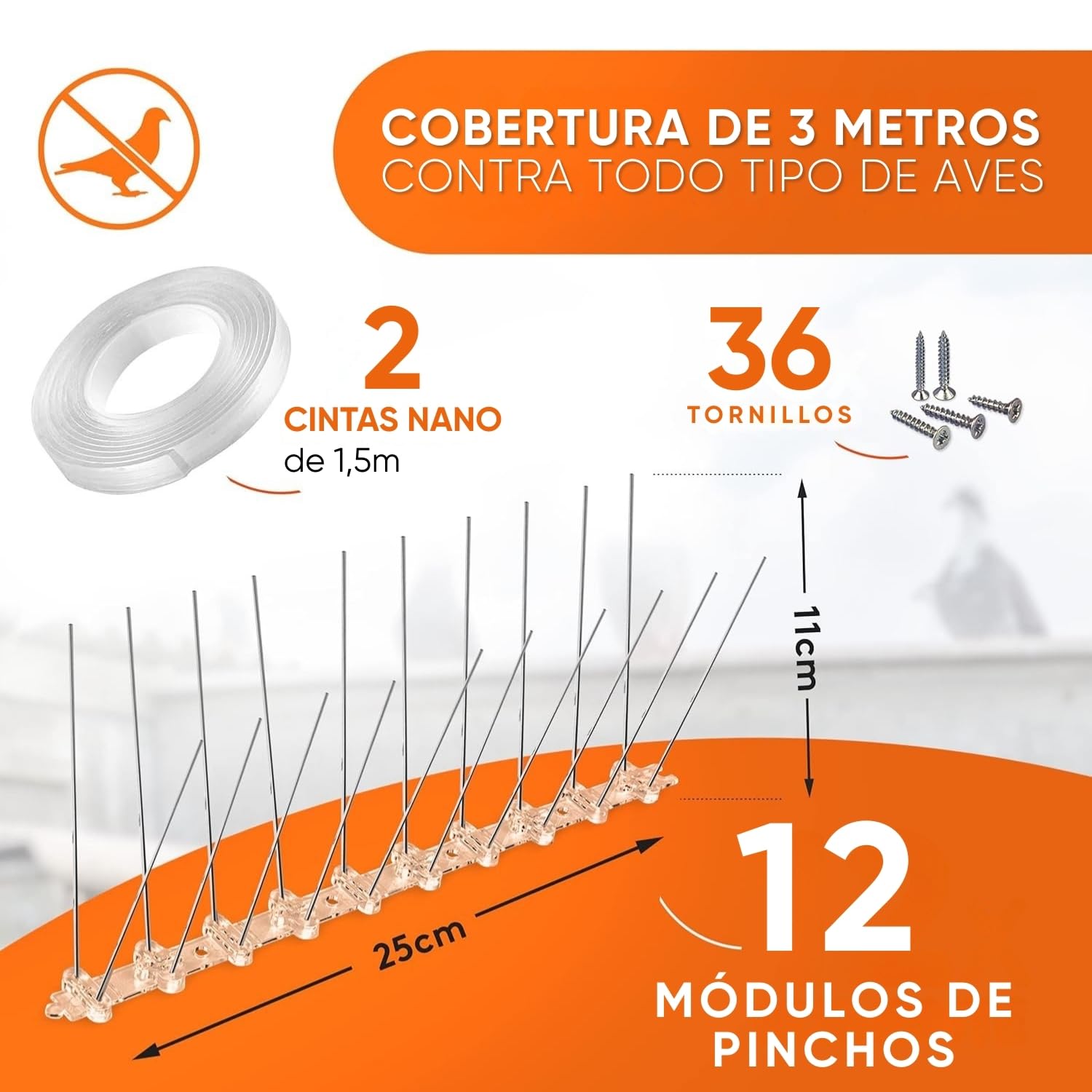 WERKTAL Repelente de palomas,Eficaz repelente de aves de acero inoxidable duradero [3 metros],Montaje sin herramientas gracias a Nanotape,Contra todas las especies de aves