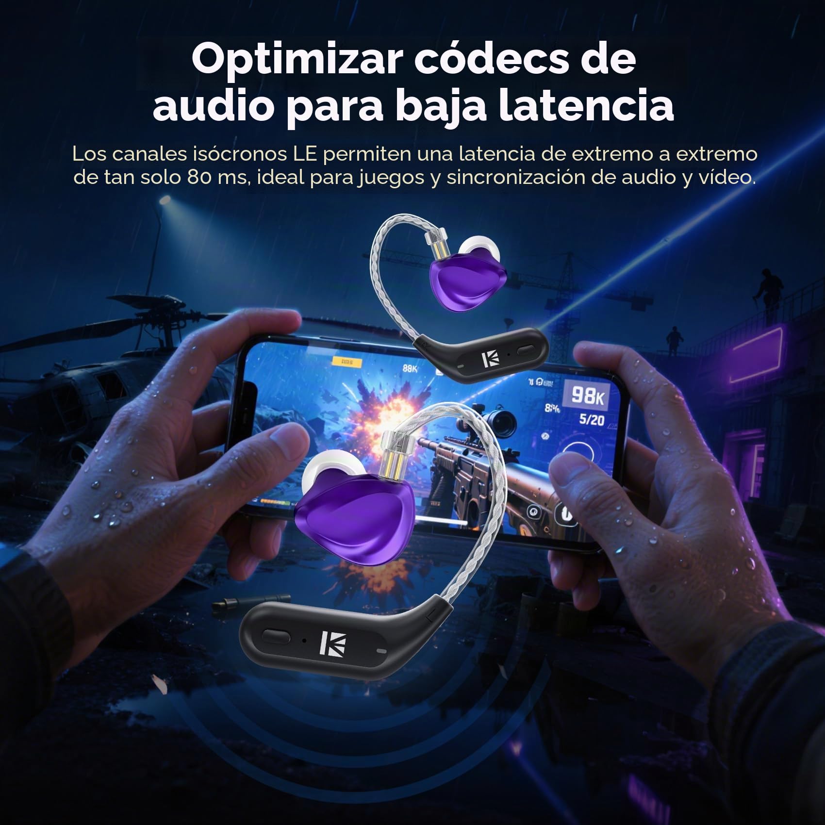 Yinyoo KBEAR BT15 PRO Bluetooth 5.4 Módulo inalámbrico con gancho para la oreja para deportes HIFI Amplia compatibilidad Cable de auriculares para KZ ZS10 PRO/EDX PRO/ZSN PRO/ZST (negro, 2 pin0.78 mm)