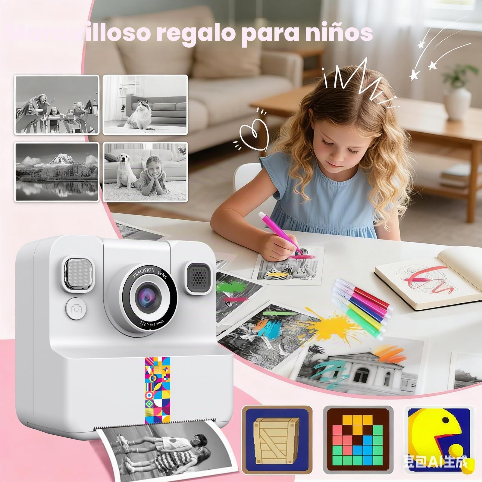 Camara Fotos Infantil instantanea, 2.4'' HD 48MP Cámara Instantánea para Niños con Tarjeta de 32GB y Papel de Impresión, HD 1080P Cámara Instantánea para Niños y Niñas 3 a 12 Años,Morado