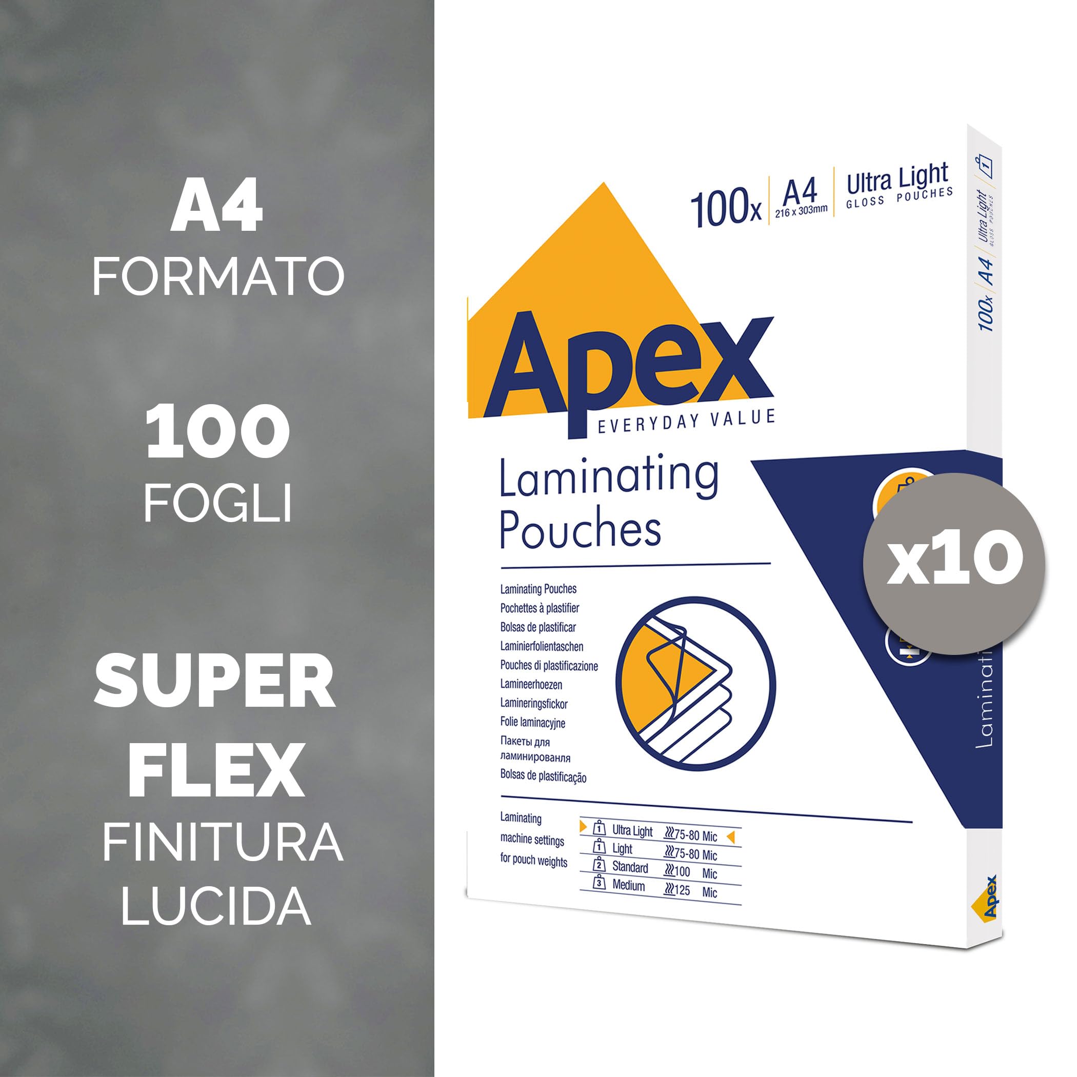 Fellowes Apex A4 Pouches per la plastificazione, finitura lucida, 1000 fogli - Super-Flex - Ideali per documenti e foto