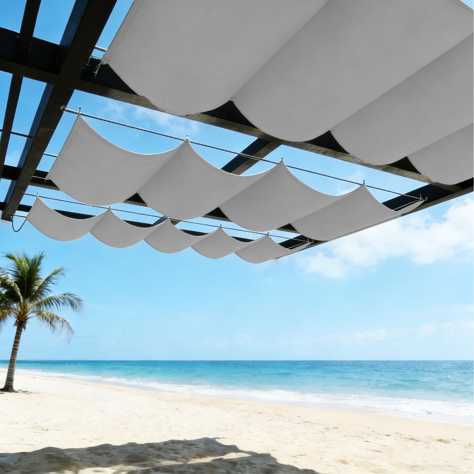 Sun Shade Sail Retractable Wave,Waterproof Windproof 98% UV Retractable Wave Awning,for Outdoor Patio Garden Yard Backyard,With free rope-Lightgrey||80x950cm — image 1