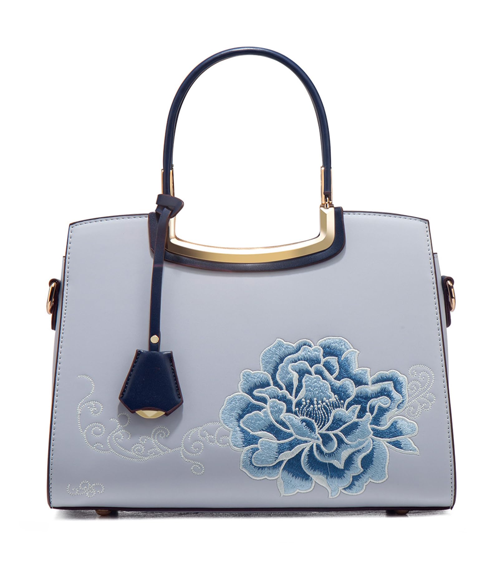 LANGSER Women's Handbag Puese PU Leather Flower Embroidery Shoulder Bag Chic Crossbody Large Commuter Top Handle Satchel Bag