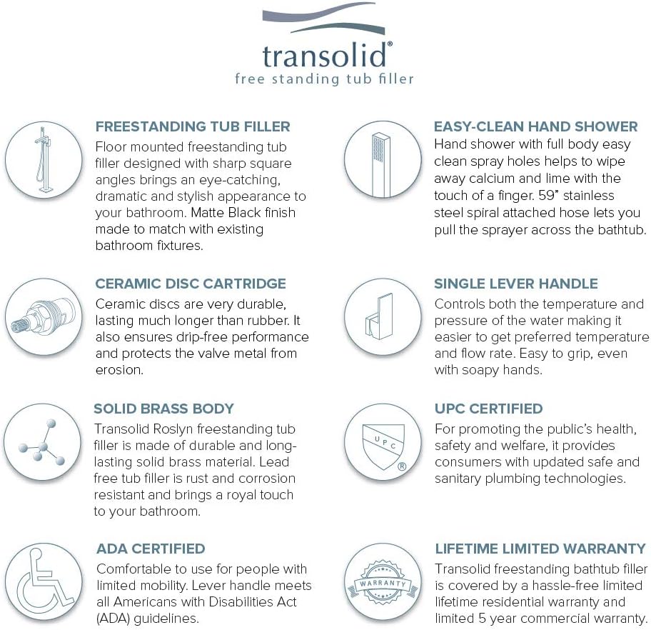 Transolid T4240-MB Roslyn Floor Mounted Tub Filler with Hand Shower, Matte Black