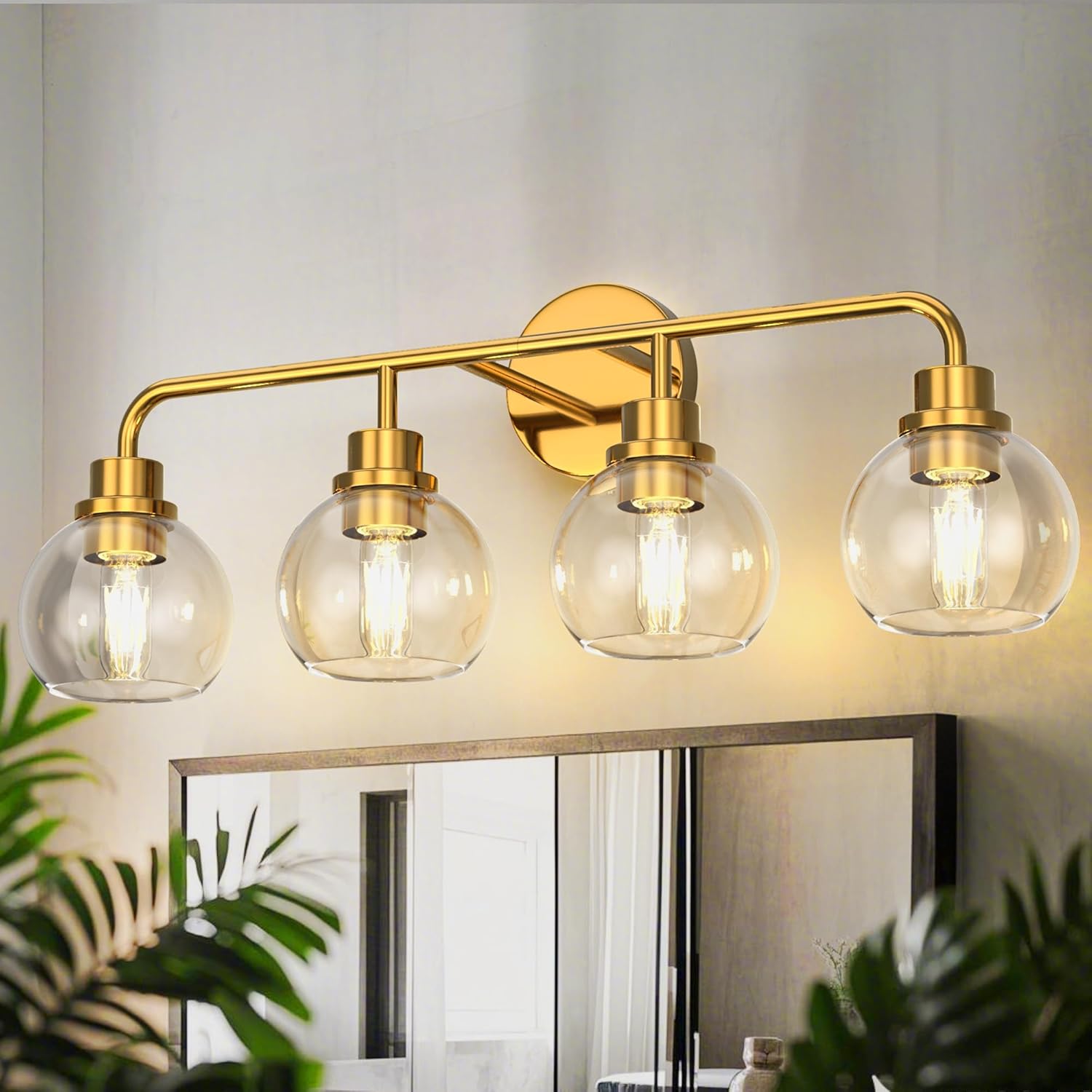 DORESshop 4-Light Gold Bathroom Light Fixtures, 26.37-Inch Brushed Brass Vanity Light with Clear Glass Globe Shade, Modern Vanity Lights for Bathroom Living Room Hallway Bedroom, E26, ETL Listed
