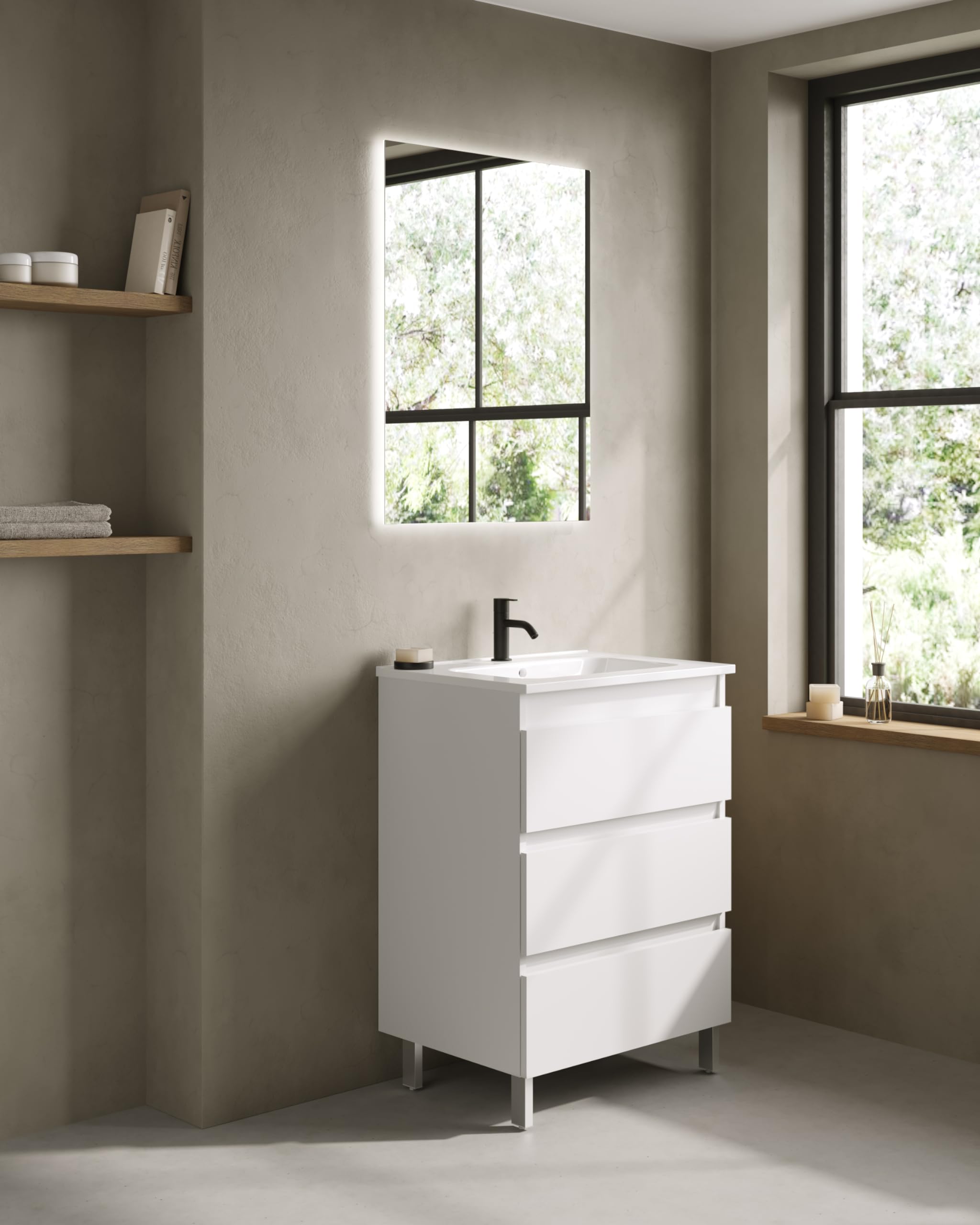 EstiloBaño - Boreal | Conjunto Mueble de Baño con 3 Cajones + Lavabo | Disponible 60-80 + Blanco - Nogal 【Ancho 80】 【Blanco】