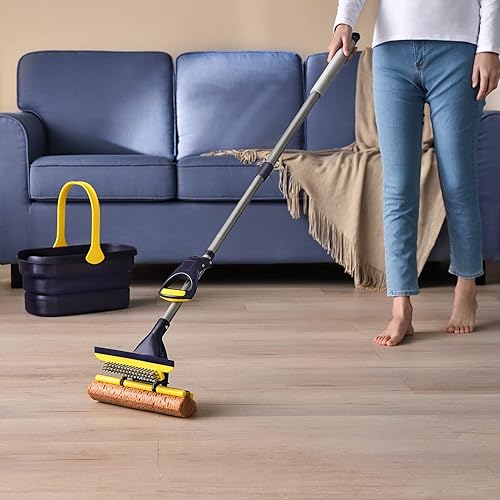 Miniatura 7 de Yocada Mopa de esponja para uso comercial en el hogar, azulejos, baño, garaje, limpieza total de 3 cabezales de esponja y mango largo telescópico