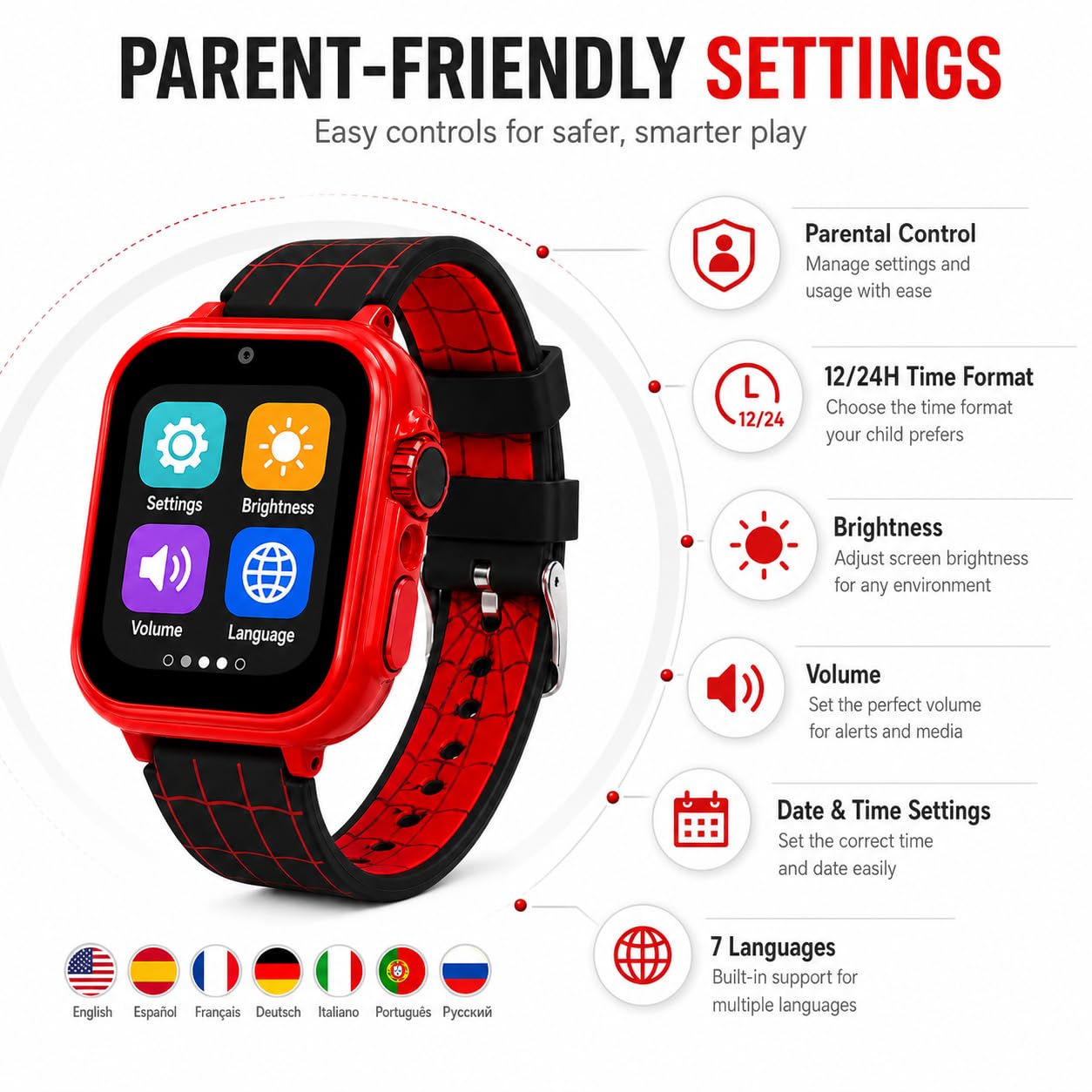 Orologio intelligente per bambini, motivo: ragnatela rossa, con fotocamera