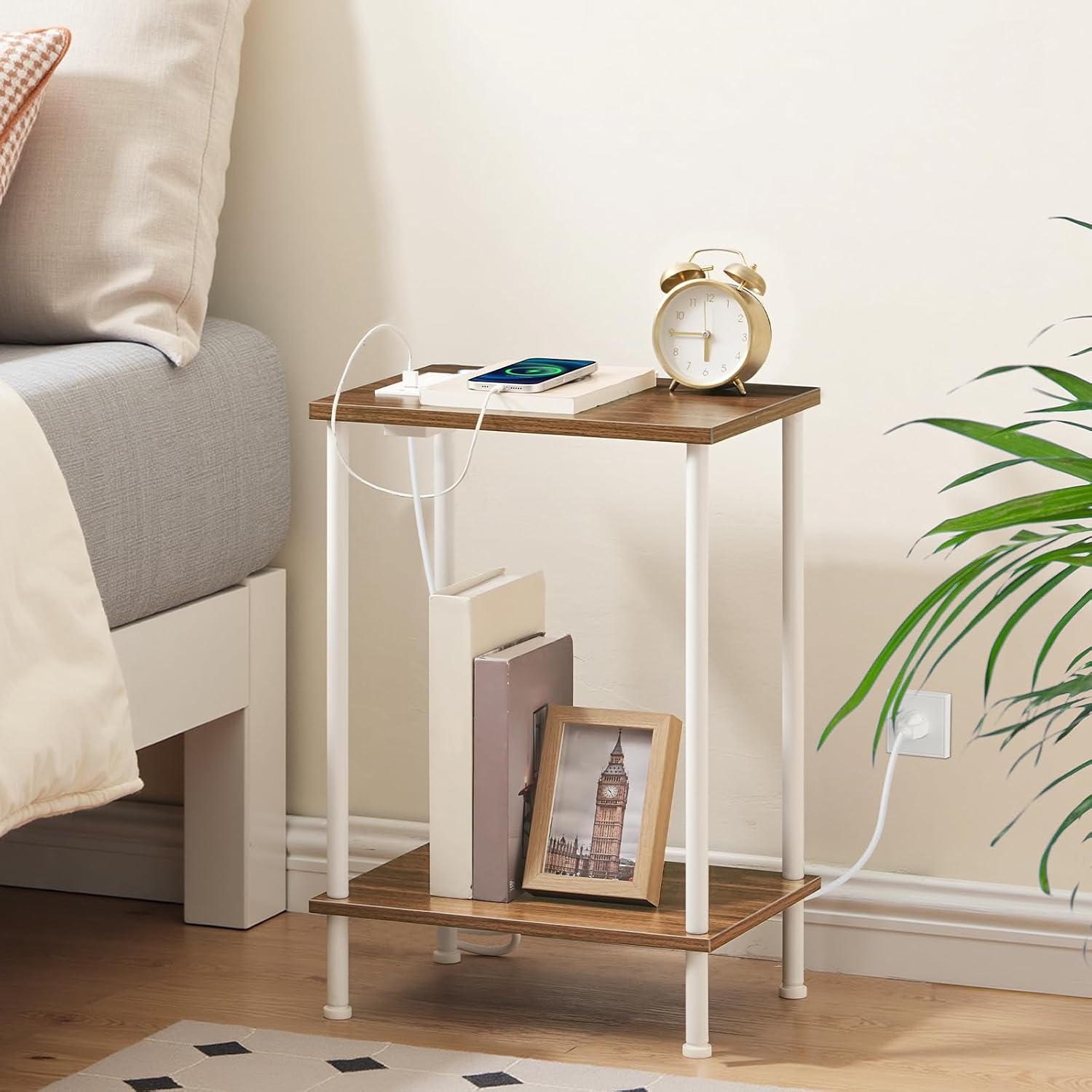 HOOBRO Side Table with Charging Station, End Table with USB Port and Outlets, Nightstand with 2-Layer Storage Shelves for Small Spaces, Living Room, Bedroom, Walnut and White WH09UBZ01 image 4