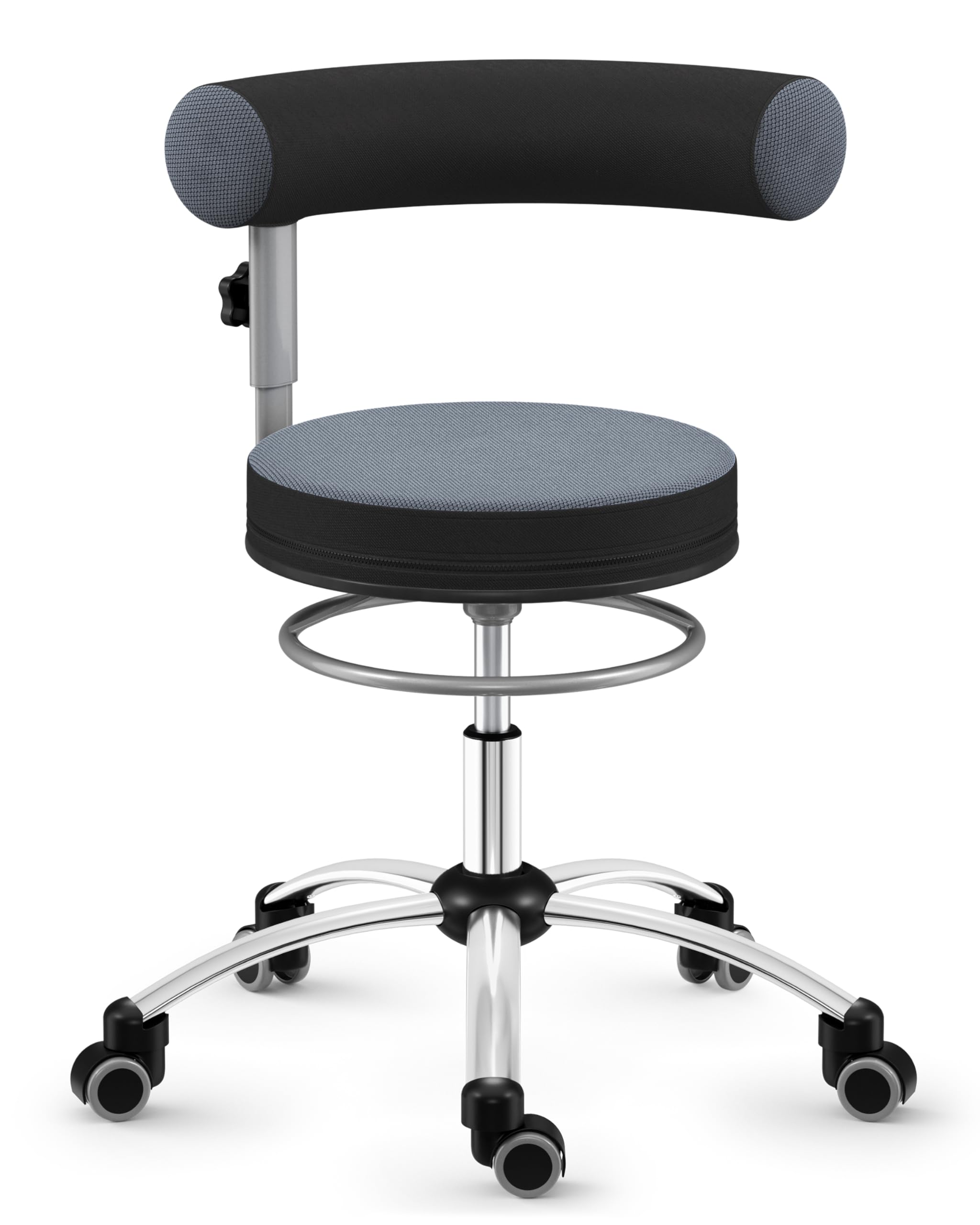 Sanus®-Gesundheitsstuhl | Rollhocker mit 360° Lehne, höhenverstellbarer Lehne, Sitzhöhe (42-51 cm), Stoffbezug grau/schwarz, Rollstopp-Rollen. Ergonomischer Bürostuhl, Erzieherstuhl
