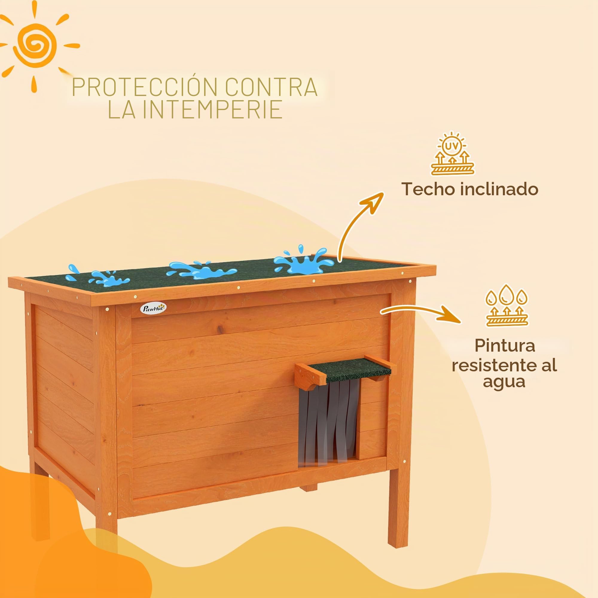 PawHut Casa de Madera para Gatos, Cueva Exterior Aislada Con Cortina en la Puerta, Casita para Animales en Diseño Elevado, para Jardín, Balcón, Naranja, 60 x 60 x 81,5 cm | Caseta para gatos con techo de asfalto, patas de suelo, cueva para gatos, para ext