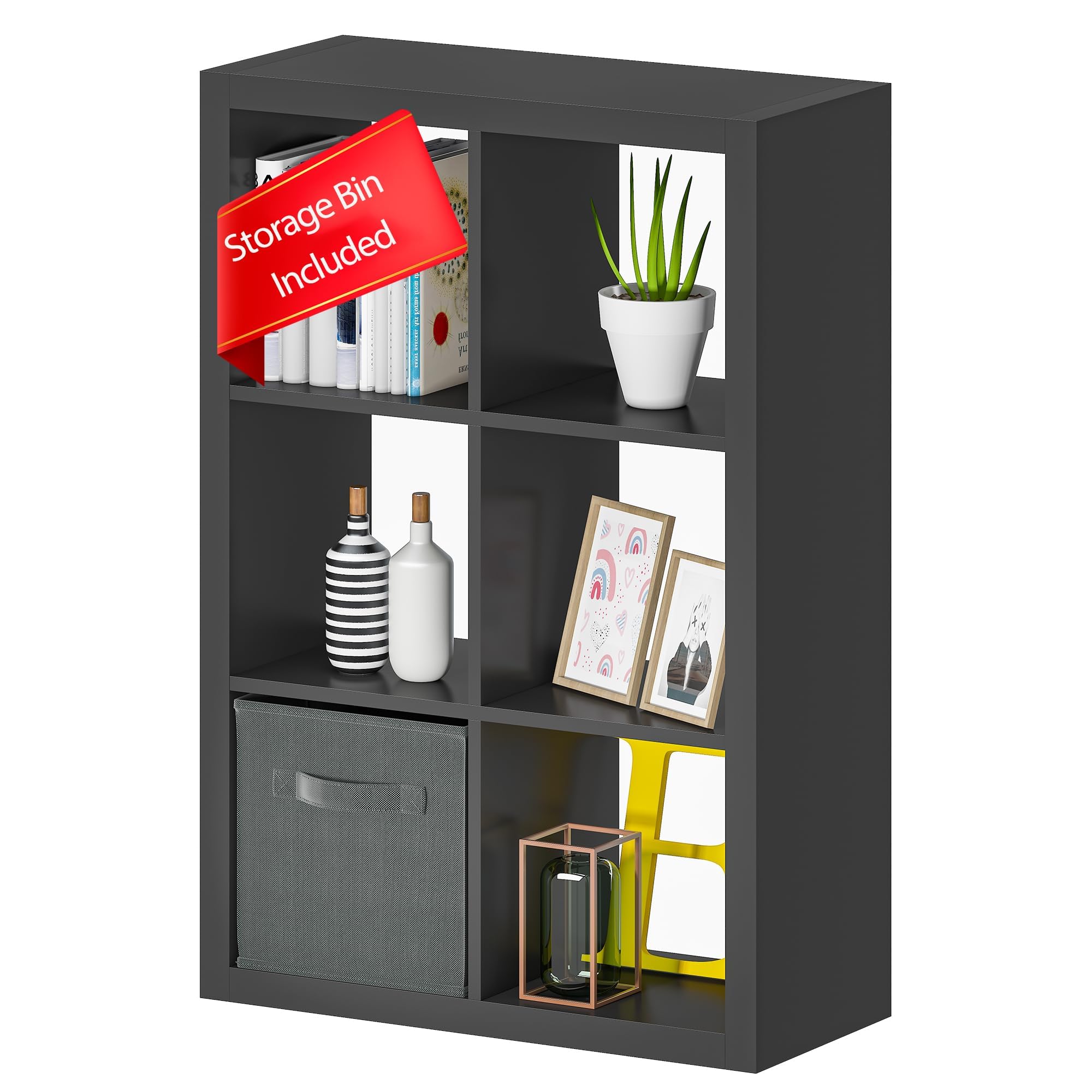furtble Bookshelf with Storage Bins, 6 Cube Storage Organizer, Modern Wood Bookcase, Multifunctional Display Shelf for Living Room (Matte Black, 6