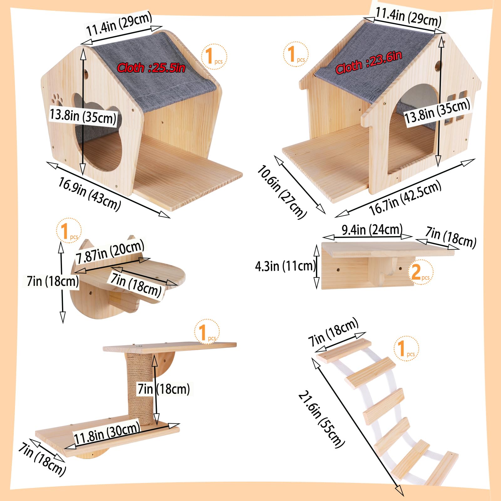 LazyWomen Cat Wall Furniture Cat Wall Shelves, Large Cat Climbing Shelves Set of 7 Wall Mounted Cat Furniture, with Cat Apartment, Cat Scratching Post, Perches Platform, for Cat Climbing & Resting