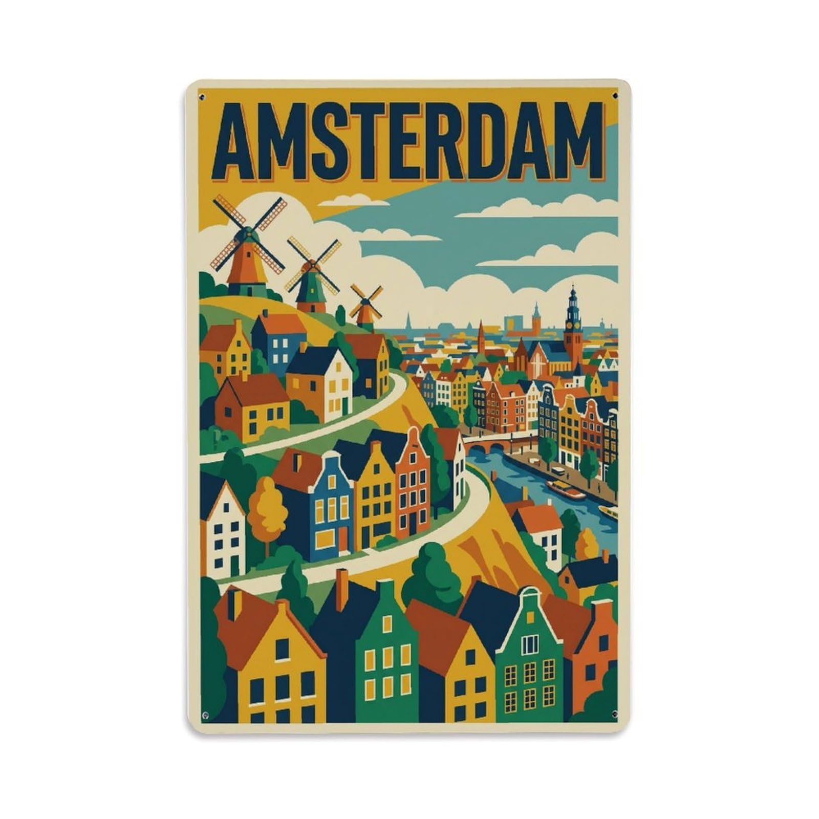 Vintage Travel Hillside Netherlands Scenic（1） Metal Tin Sign Plaque Wall Decor for Cafe, Club Bar, Office, Home Garden Metal Poster 8x12Inch