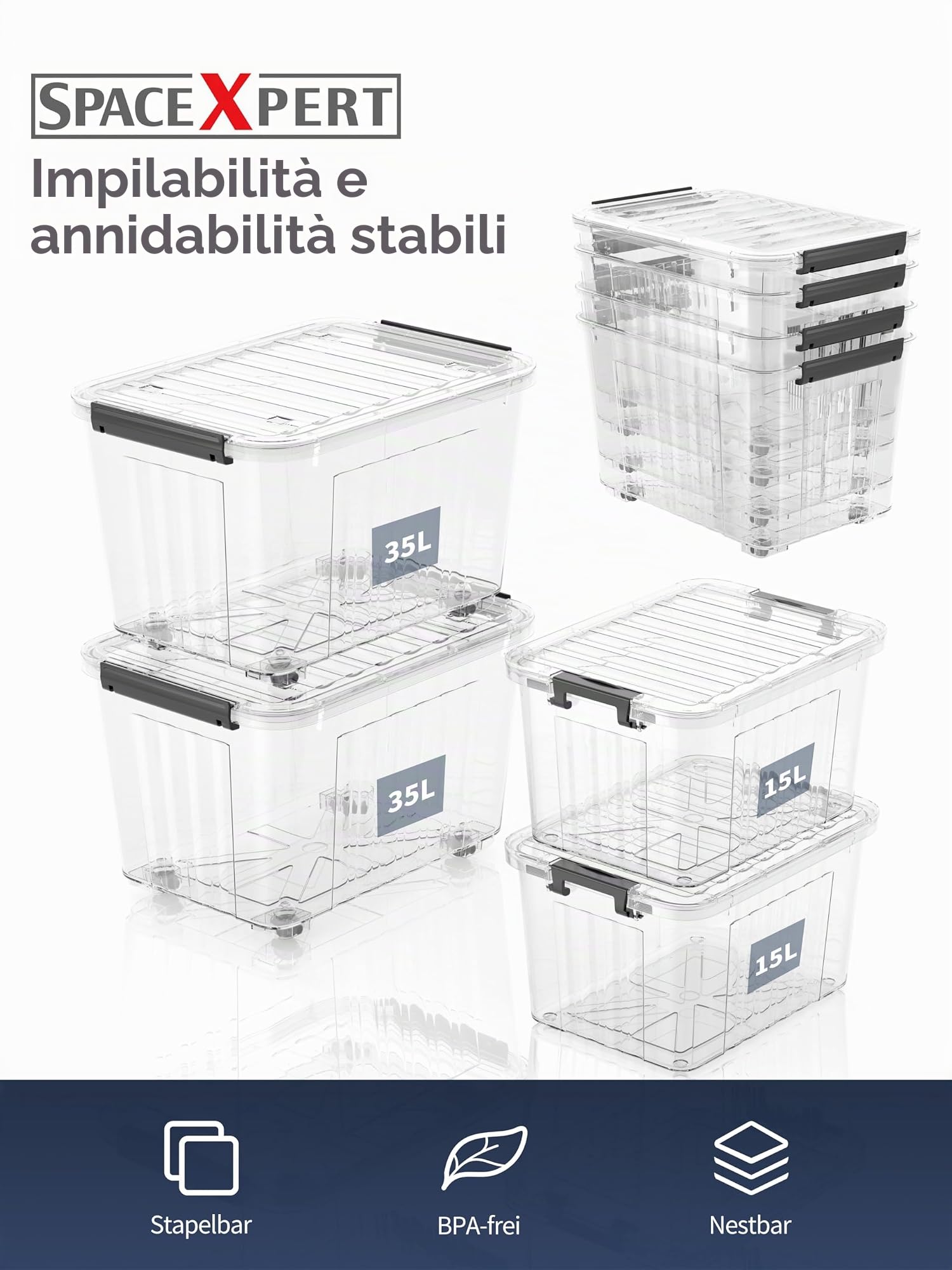 Scatole Portaoggetti, Casse di stoccaggio 80L, Contenitori in Plastica con Coperchio e Ruote, a Righe, Trasparente, Impilabile, Antipolvere, per Casa, Ufficio e Garage, 80L, Set di 6