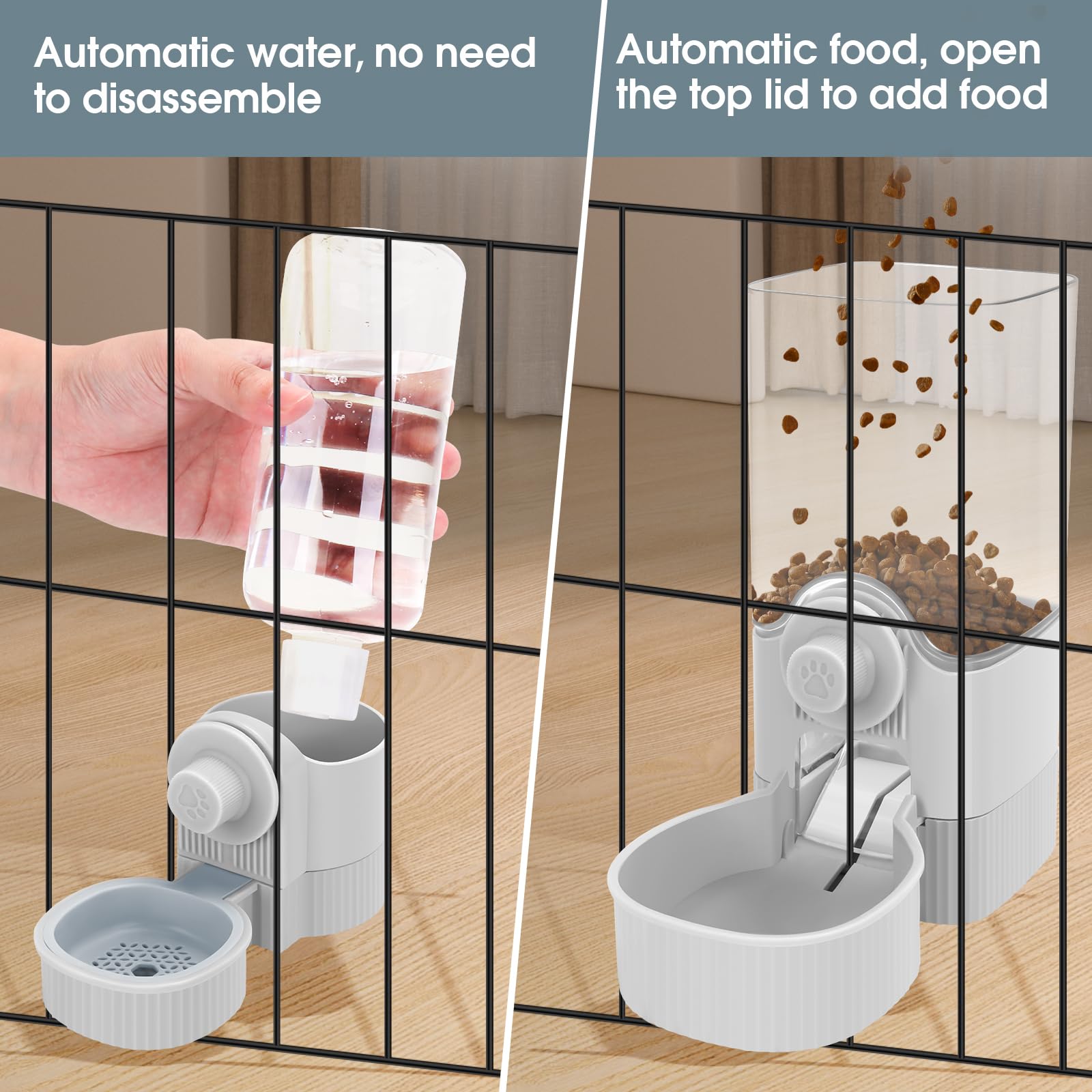 Yummy Sam Hanging Cage Automatic Small Pet Food Bowl Water Bottle Dispenser, Detachable Auto Gravity 1.2L Self-Feeding Feeder and 0.52L Waterer Set Kennel Feeding Station for Puppy Cats Rabbit(Grey)