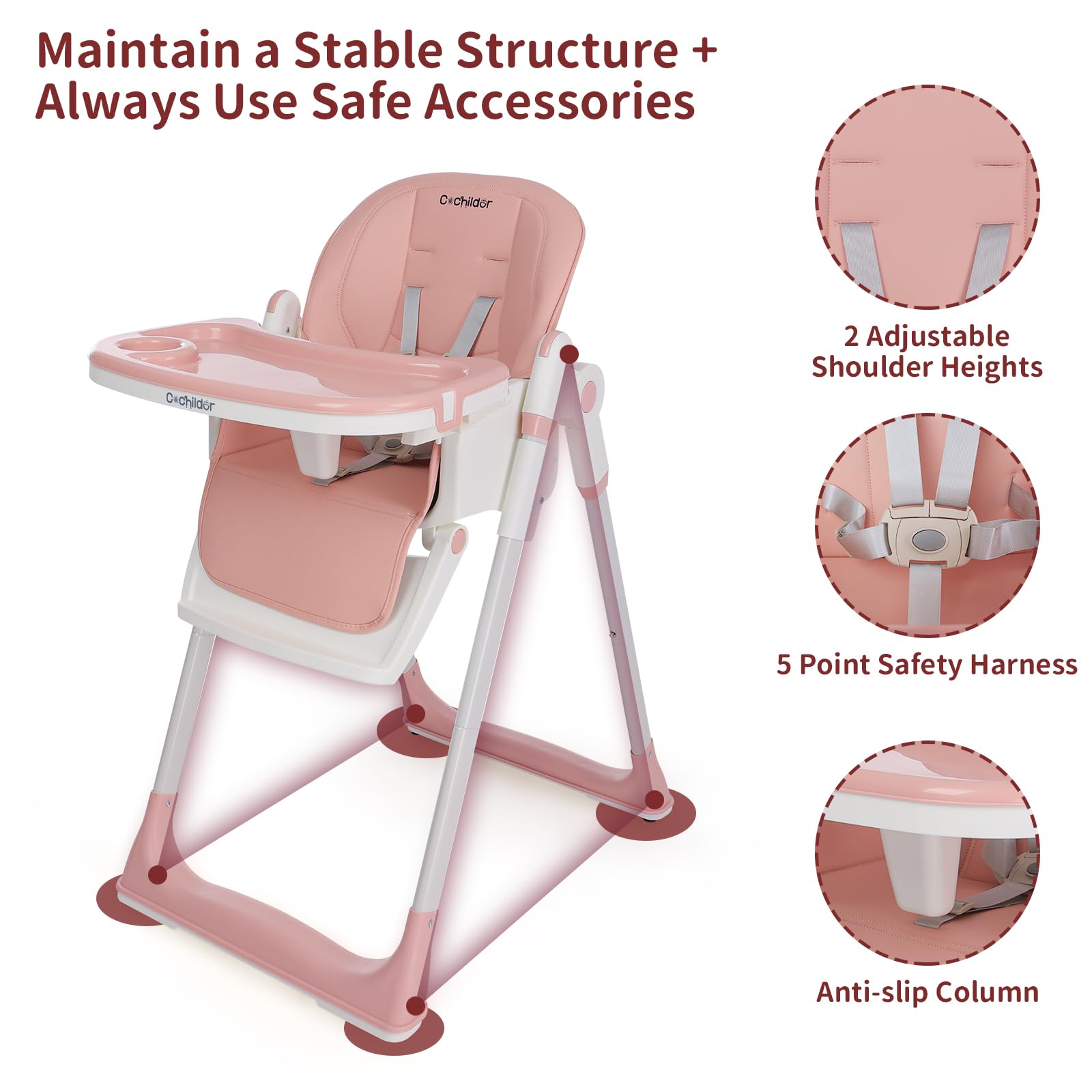 Cochildor 3-in-1 Foldable High Chair for Babies & Toddlers – Adjustable Height, Reclining Seat, 5-Point Safety Harness, Removable Tray, Lockable Wheels, Washable Cushion – Portable & Easy Clean, Pink