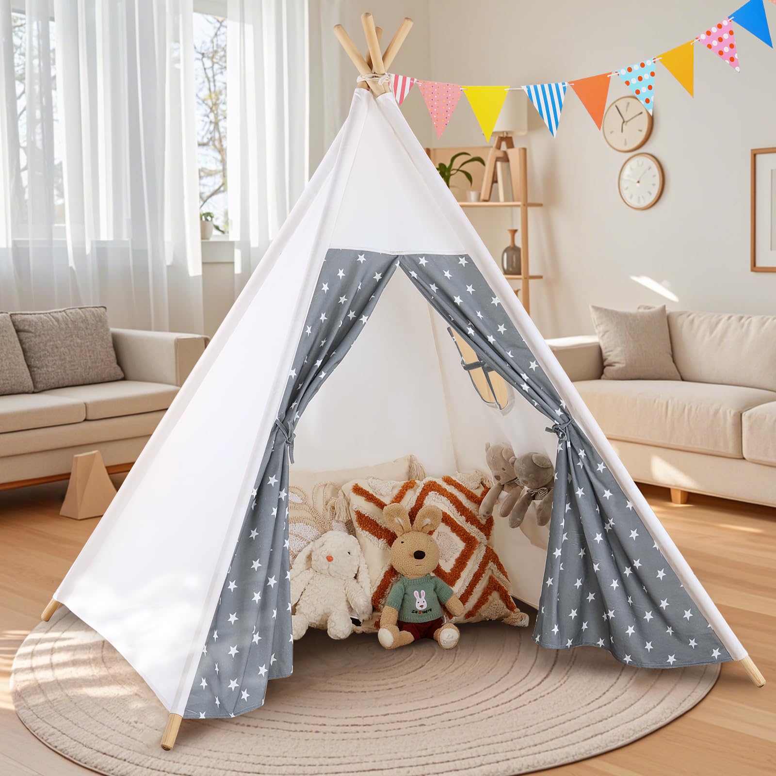 Senodeer Teepee Tent for Kids Indoor - Kids Tee Pee Tent with Light & Flag, Cotton Foldable Toddler Teepee Outdoor, Sleepover Party Toy Gift for Girls Boys, Child Play House Room Decoration