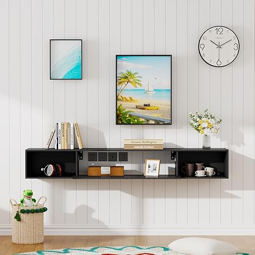 Miniatura 8 de Soporte de TV flotante de 55 pulgadas de ancho con luces LED, centro de entretenimiento montado en la pared con soporte de TV largo para dormitorio,