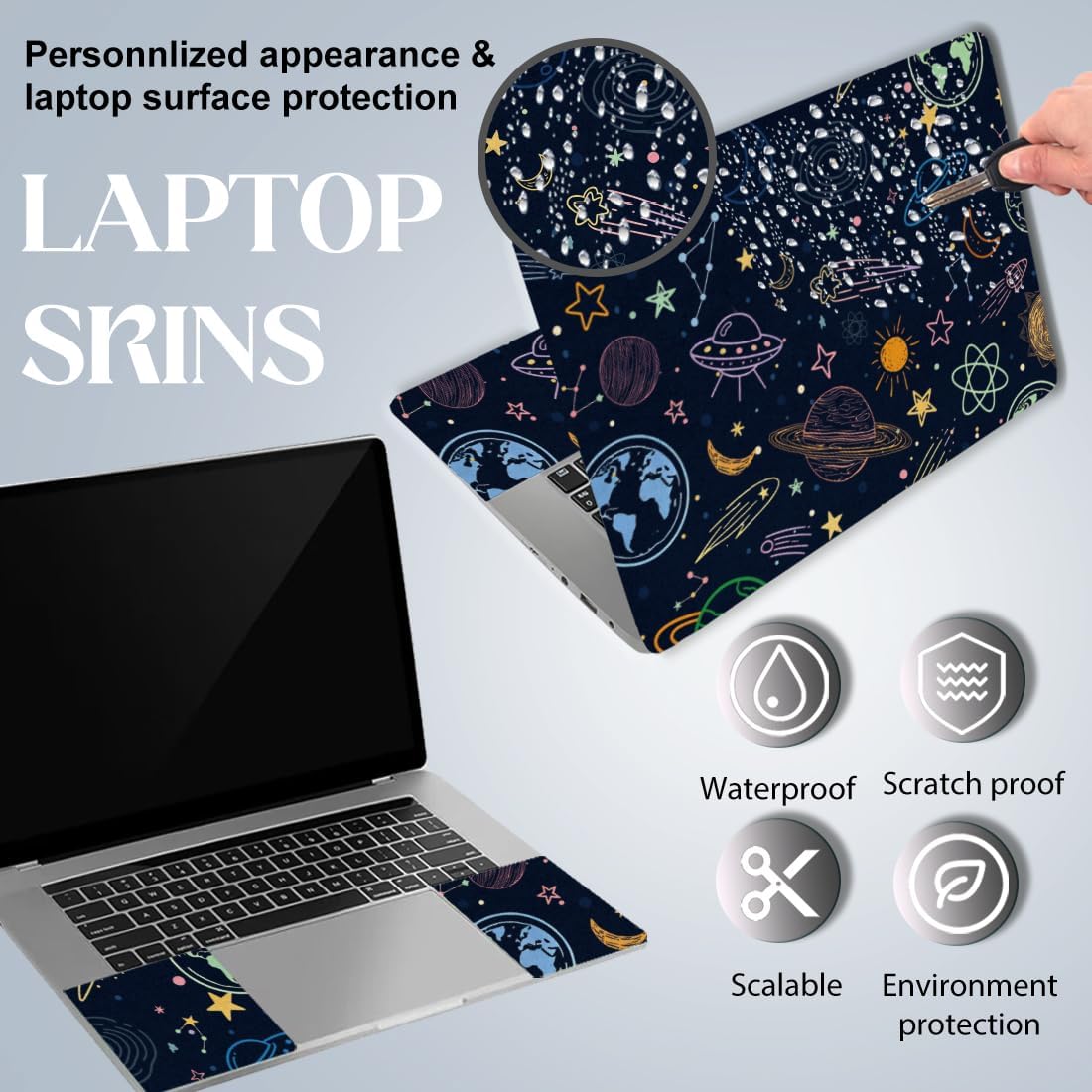 SUPERDANT 3 Pcs Laptop Skin Sticker Cover Decal Cosmic Elements PVC Waterproof Scratch-Resistant Trim-to-Fit for 12-15.6 Inch Notebook Wrap Personalize Gift Hand-Painted Graffiti image 3