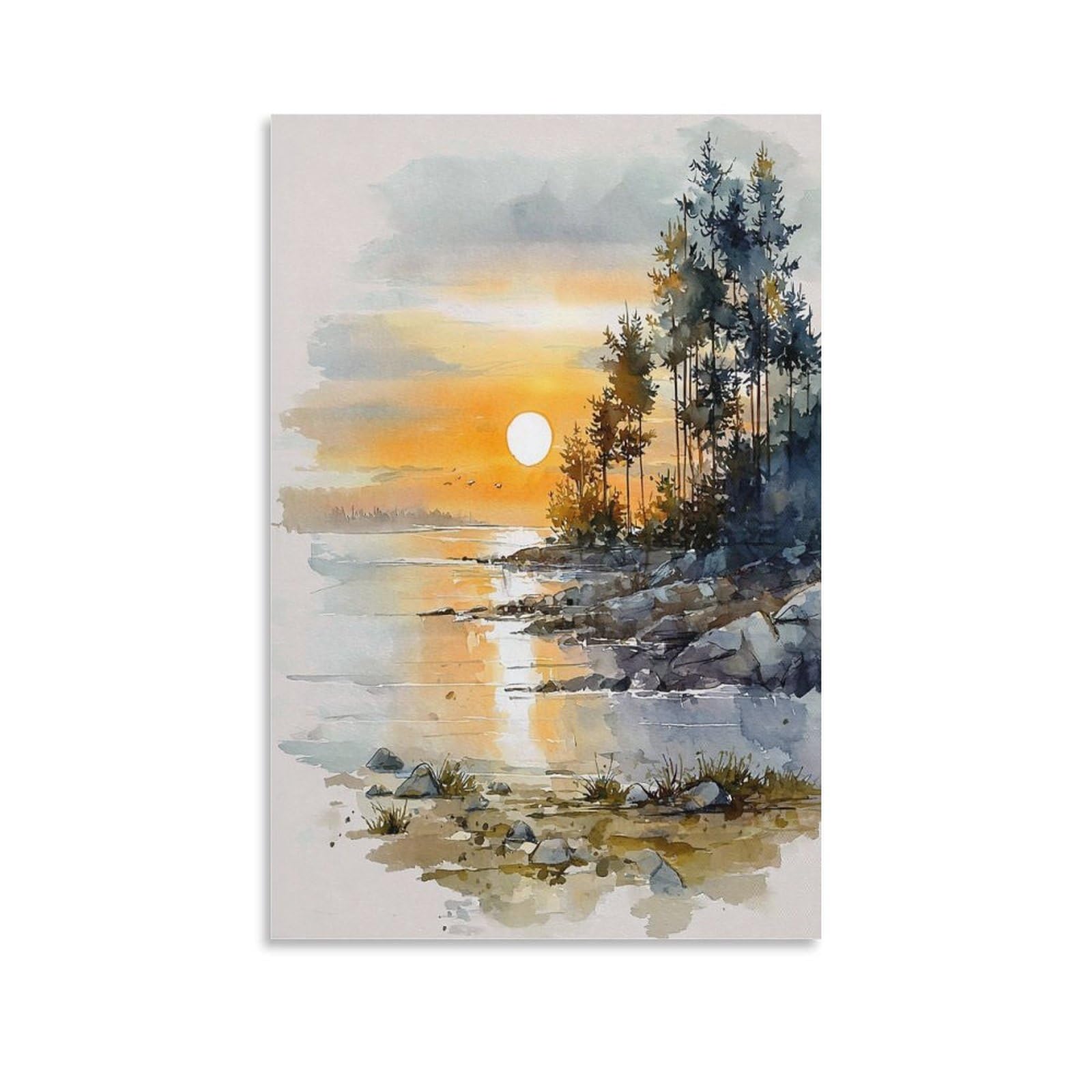 XWYMXZ Lake Erie Sunset 20x30inch(50x75cm) Vintage Travel Poster Watercolor Canvas Art