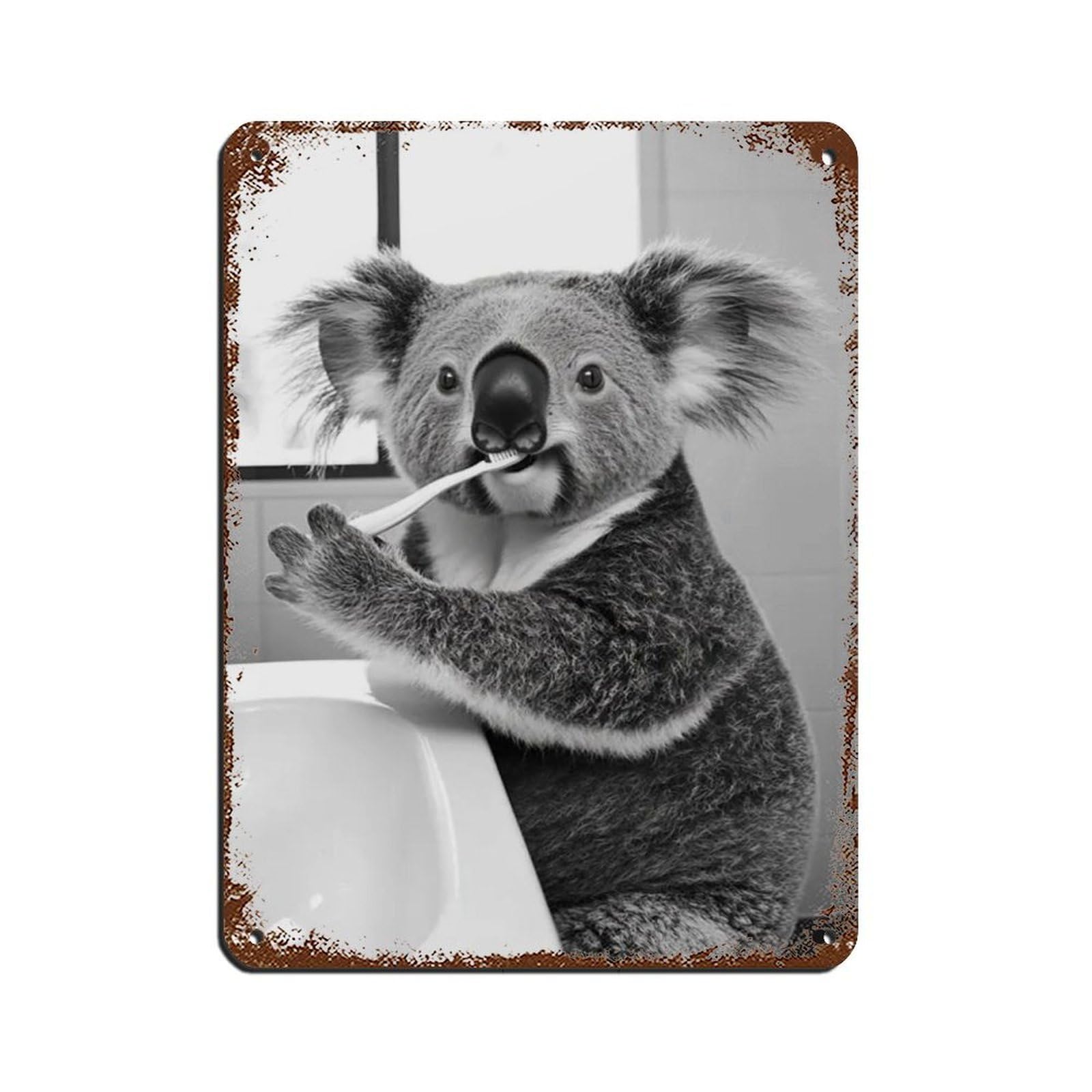 Koala Brushing Teeth, Funny Bathroom Art Tin Sign Vintage Metal Pub Club Cafe Bar Home Wall Art Decoration Poster Retro 12x16inch(30x40cm)