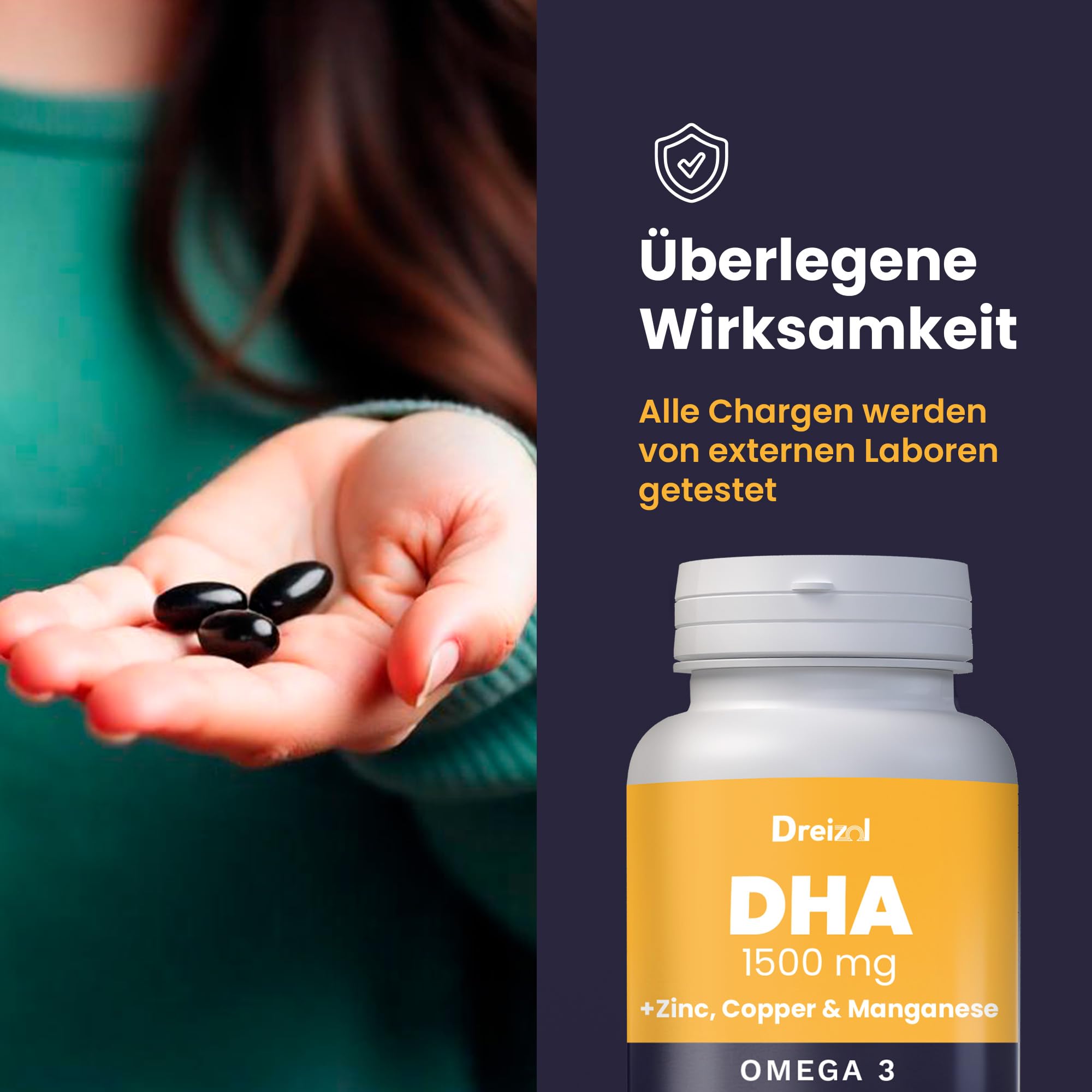 Omega 3 DHA 1500 mit EPA und DPA + Magnesium, Zink und Kupfer - Hohe Konzentration - Unterstützt Augengewebe, Netzhaut sowie Herz- und Gehirngesundheit - Glutenfrei - GMO-frei - 60 Kapseln