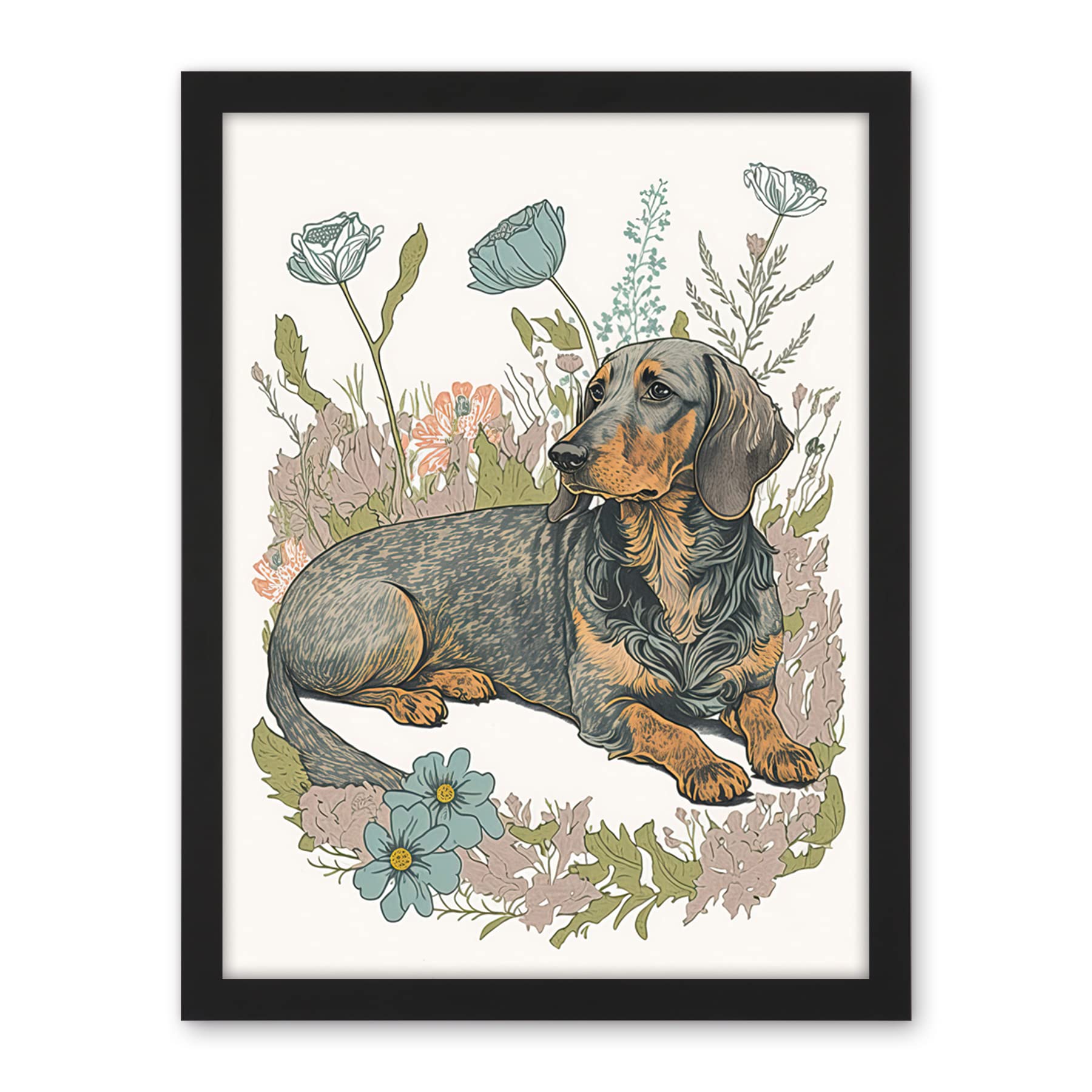 Artery8 Dachshund Dog Lying in Flower Field Pastel Watercolour Illustration Artwork Framed Wall Art Print 18X24 Inch