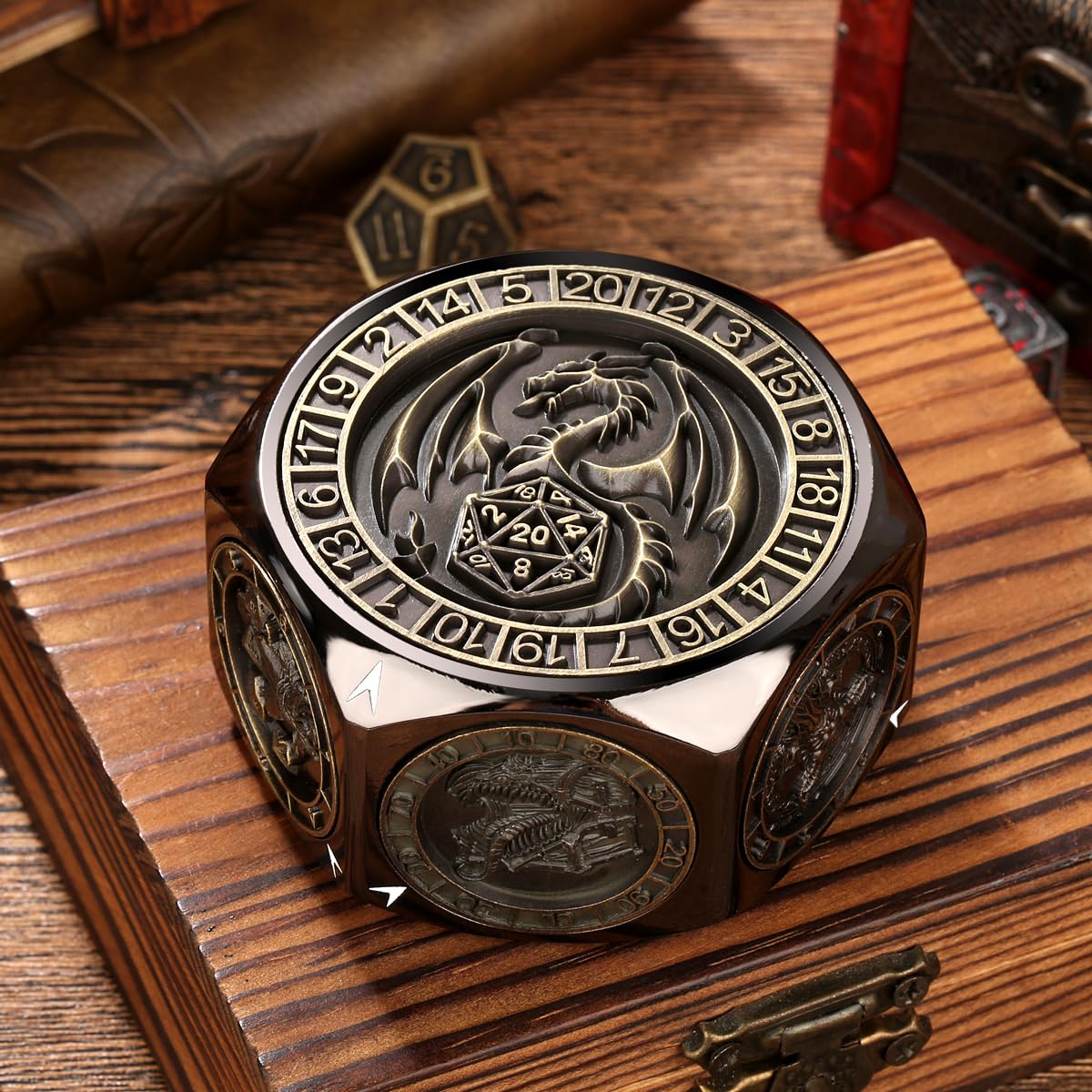 Set di Dadi Rotanti DND, 8 Facce Spinner Dadi in Metallo, Design a Rilievo 3D, Dadi Poliedrici Girevoli, Regalo D&D con Scatola Logo Drago, MTG, Giochi da Tavolo, Accessori per Giochi di Ruolo, Nero