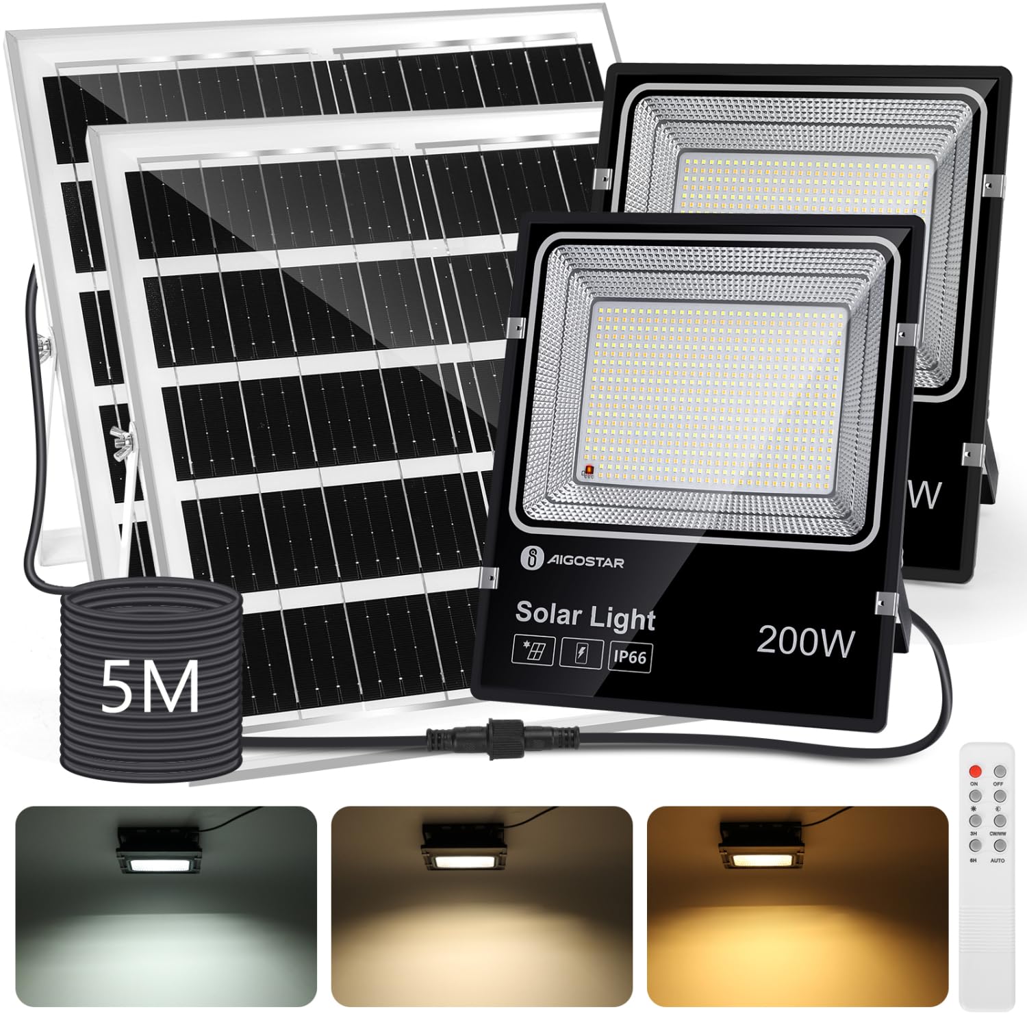 Aigostar-Solar LED Strahler Außen mit Große Solarpanel,5 m Kabel,Dimmbar 3000K/4500K/6500K,16000mAH,Große Batteriekapazitä,IP66,Solarlampen für Außen Gärten,Solarleuchte mit Fernbedienung,2 Stück