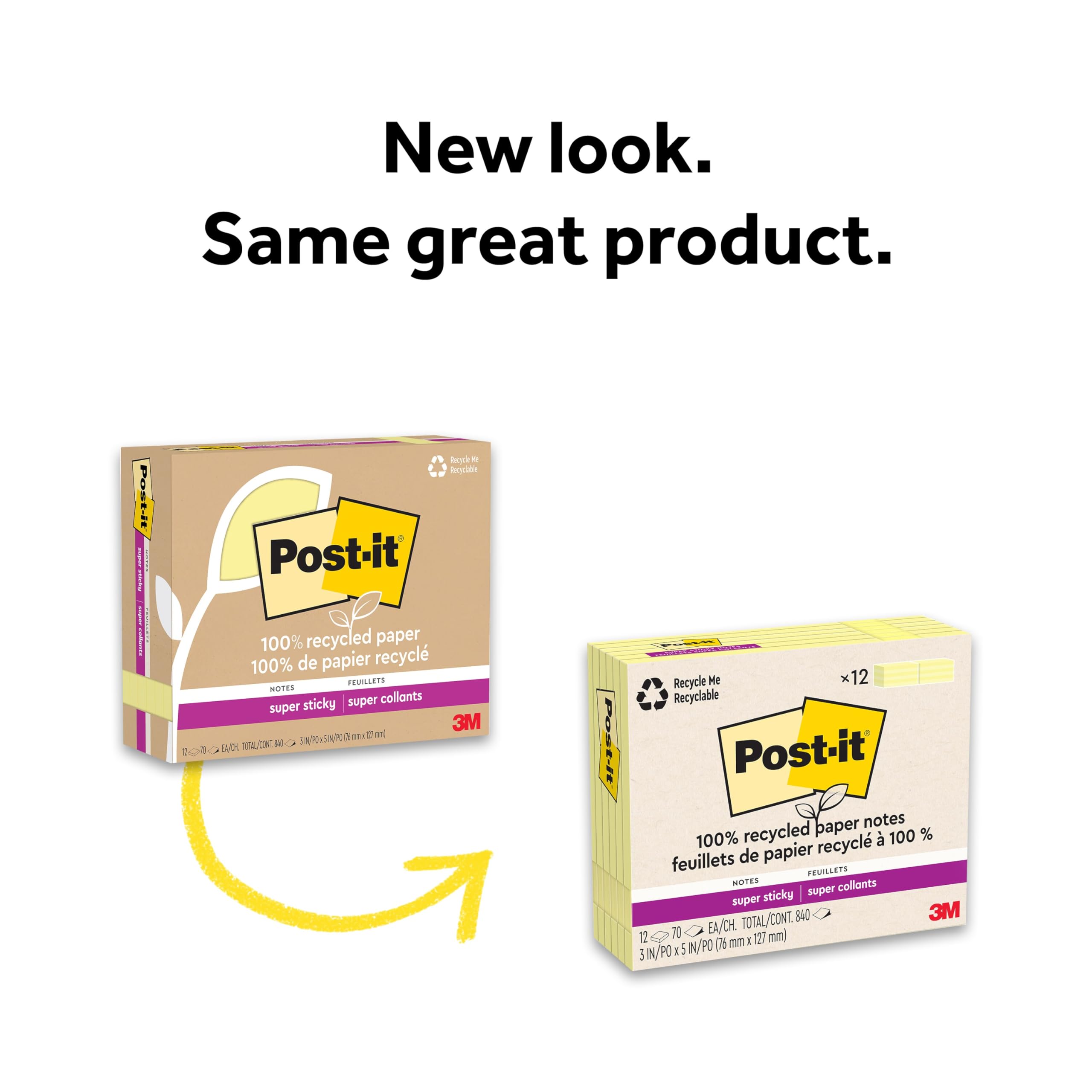 Post-it 100% recyceltes Papier, super Haftnotizen, 2 x die Haftkraft, 7,6 x 12,7 cm, 12 Bl cke/Packung, 70 Blatt/Block, Kanariengelb (655R-12SSCY) | Schulbedarf und Büroprodukte, 2-fache Haftkraft