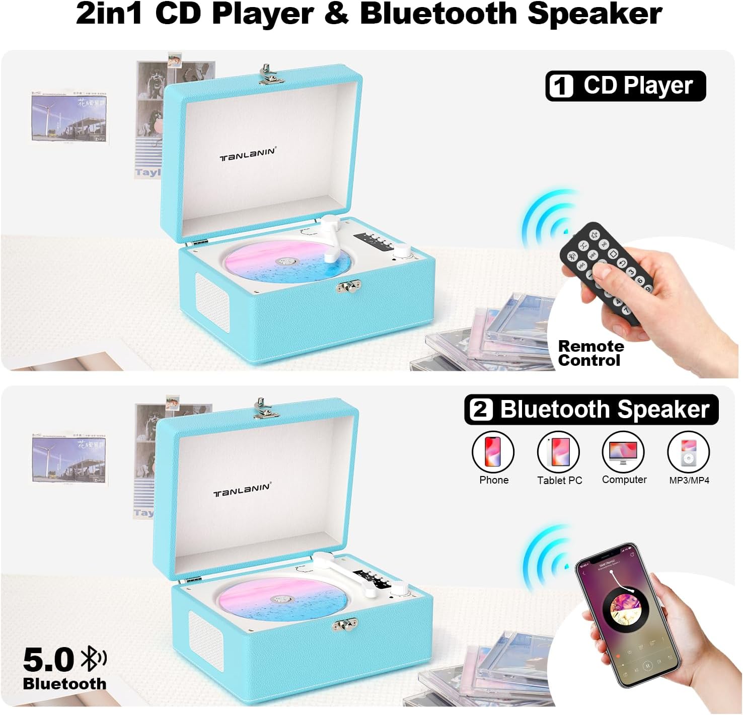 Image showing the TANLANIN Portable CD Player functioning as both a CD player and a Bluetooth speaker, with a remote control and a smartphone.