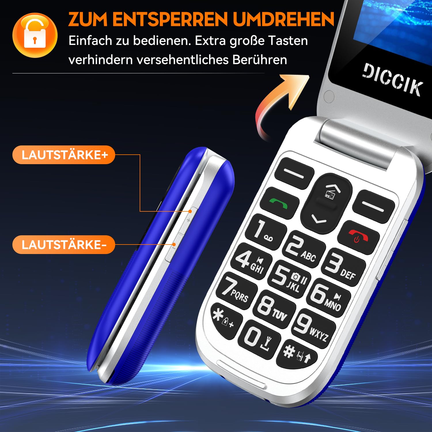 Diccik K1 4G Telefono Cellulare per Anziani, Flip Telefoni Cellulari Tasti Grandi, Funzione HAC,Pantalla 1.7", Volume Alto, Funzione SOS(nero)