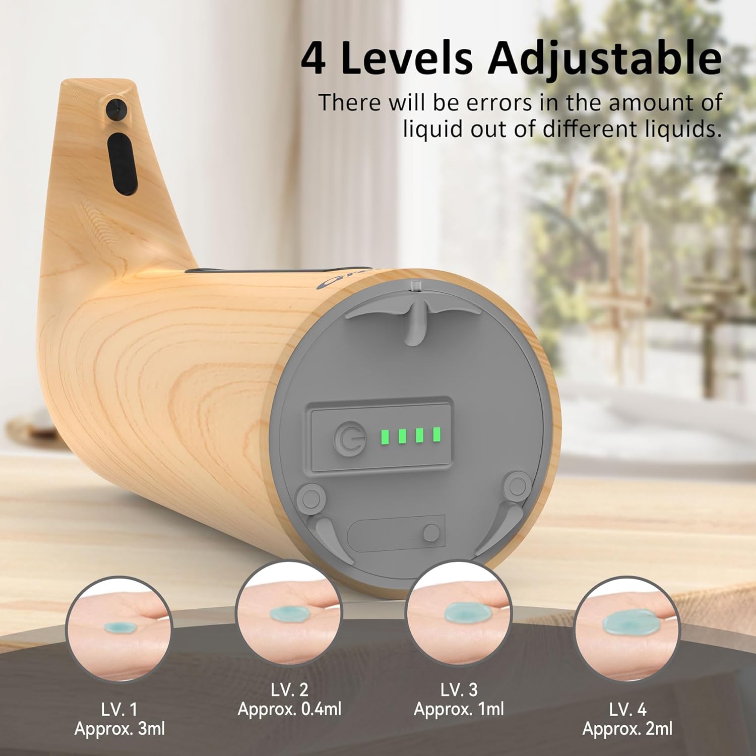 Distributeur de savon automatique avec 4 niveaux réglables, électrique, 300 ml, sans contact, avec capteur, étanche IPX6, pour salle de bain, cuisine (bois clair)