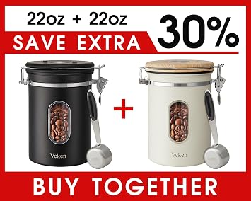 Veken Coffee Canister with Window, Airtight Stainless Steel Kitchen Food Storage Container with Date Tracker and Scoop for Grounds Coffee, Beans, Tea, Flour, Cereal, Sugar, 22OZ,Black&Cream