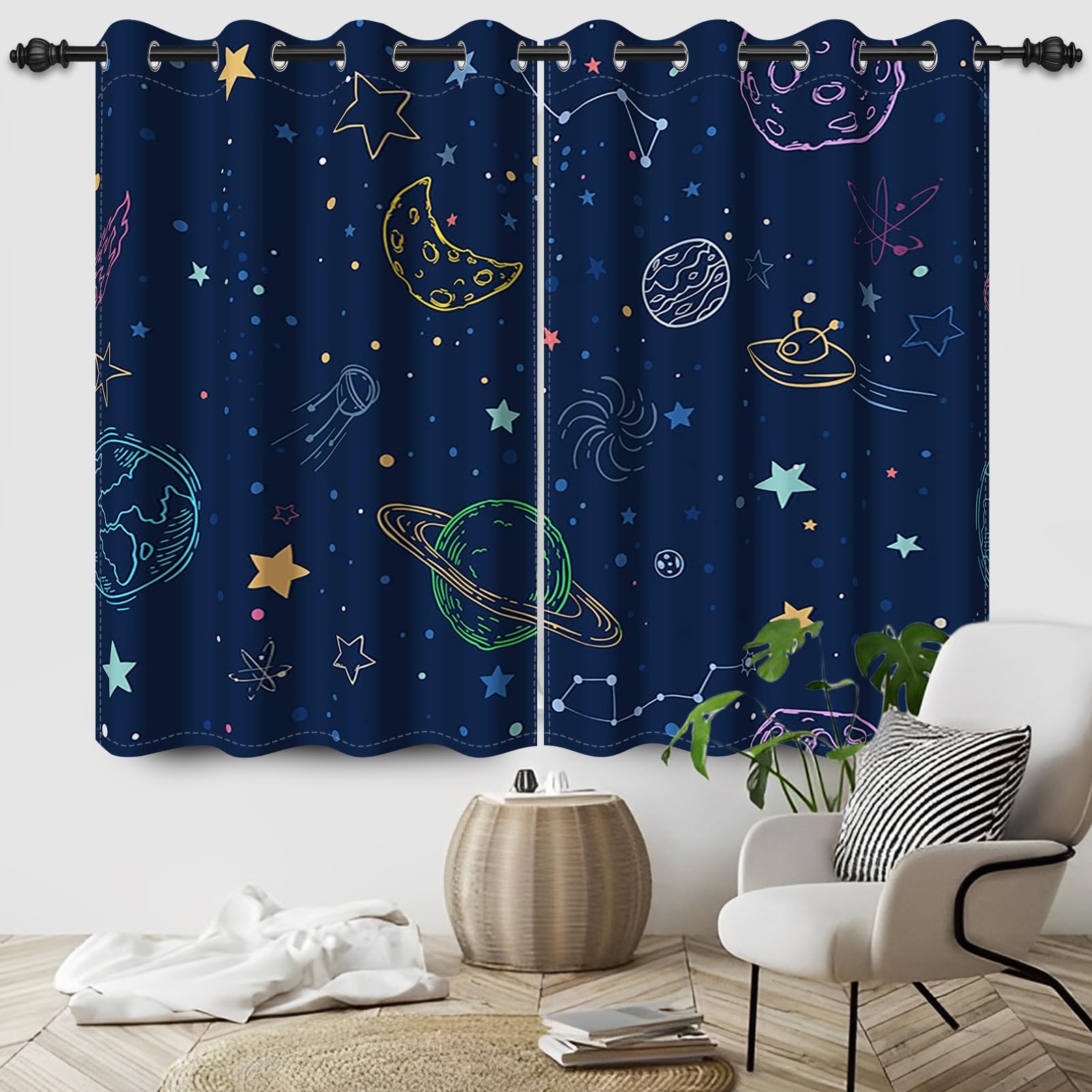 Kzzfqxb Drawing Universe Blackout Curtains, Starry Sky Planet Moon Window Drapes for Boys Bedroom Decor, Cartoon Curtain Panel with Thermal Insulated Grommet,2 Panels,Each W21 xL63