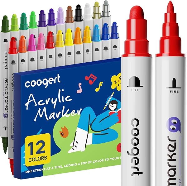 Coogert Dual Tip Acrylic Paint Markers,Fine Tip and Dot Tip Acrylic Paint Pens For Rock Painting, Canvas, Wood, Glass, C